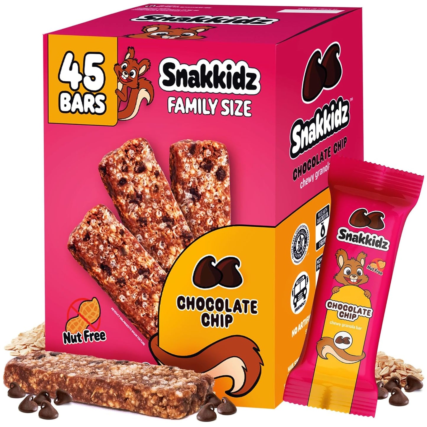 Snakkidz Organic Chewy Granola Bar, Allergen Free, Made with Avocado Oil, Low Sugar (45 Bars, Chocolate Chip)