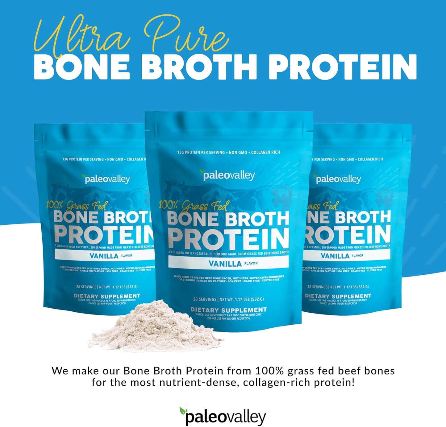 Paleovalley 100% Grass Fed Bone Broth Protein Powder - Vanilla - Rich in Collagen for Hair, Skin, Gut Health, Bone and Joint Support - 28 Servings