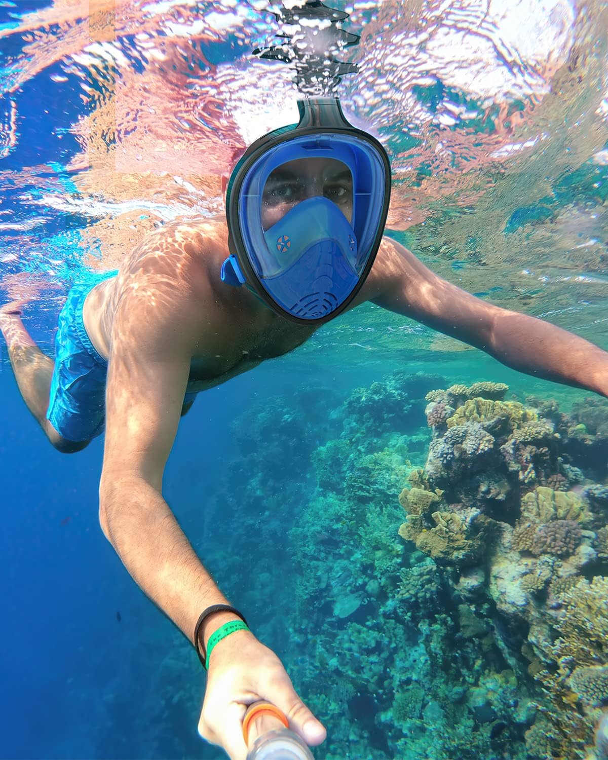 QingSong Full Face Snorkel Mask for Adults, Snorkeling Gear with Camera Mount, 180 Degree Panoramic View Snorkel Set Anti-Fog Anti-Leak