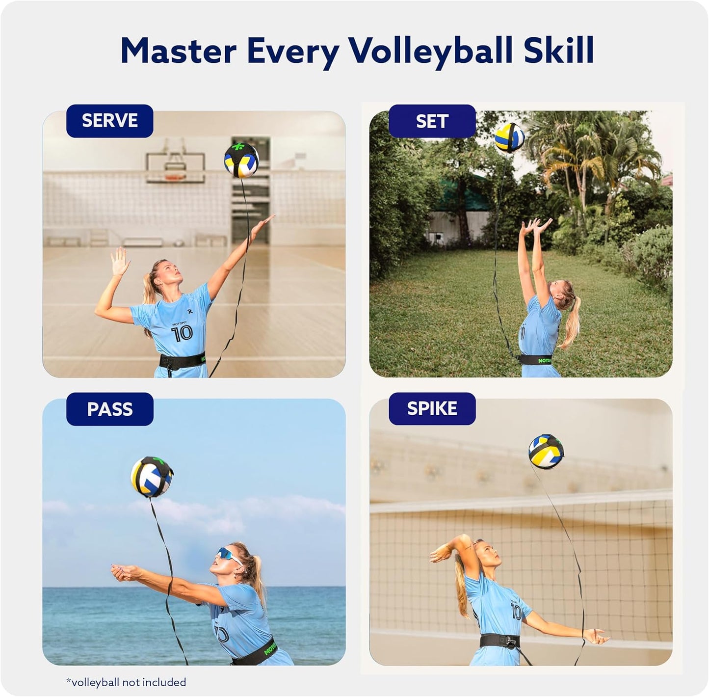 MOTOMY™ Volleyball Training Equipment Aid ‘VolleyPal’ – Solo Rebounder Trainer for Serve, Spike, Set & Pass; Indoor and Outdoor Practice Gear Gifts for Beginners & Experts