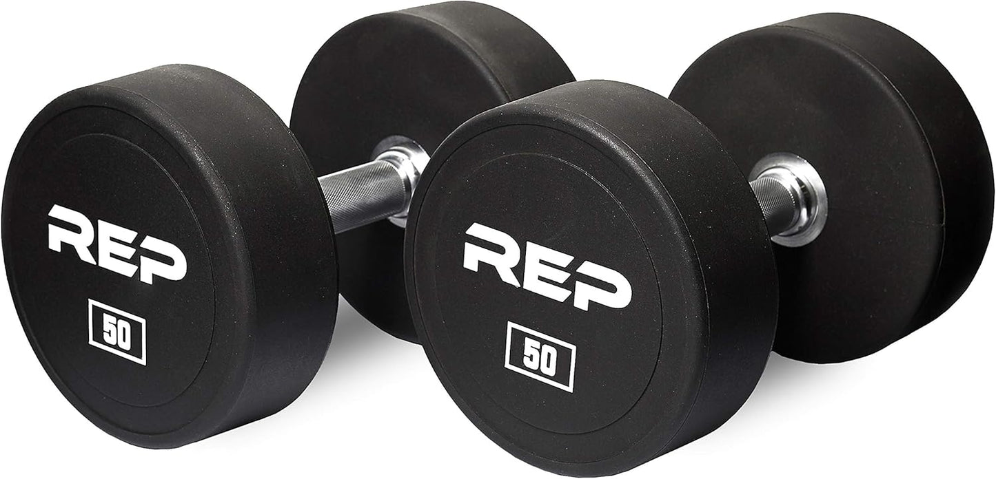 REP Fitness Urethane Coated Round Dumbbells, 5 to 100 lbs, Singles or Pairs, With or Without Rack, Steel Core, Rubber Encased, Chrome Handles, Professional Weights for Home Gym Strength Training