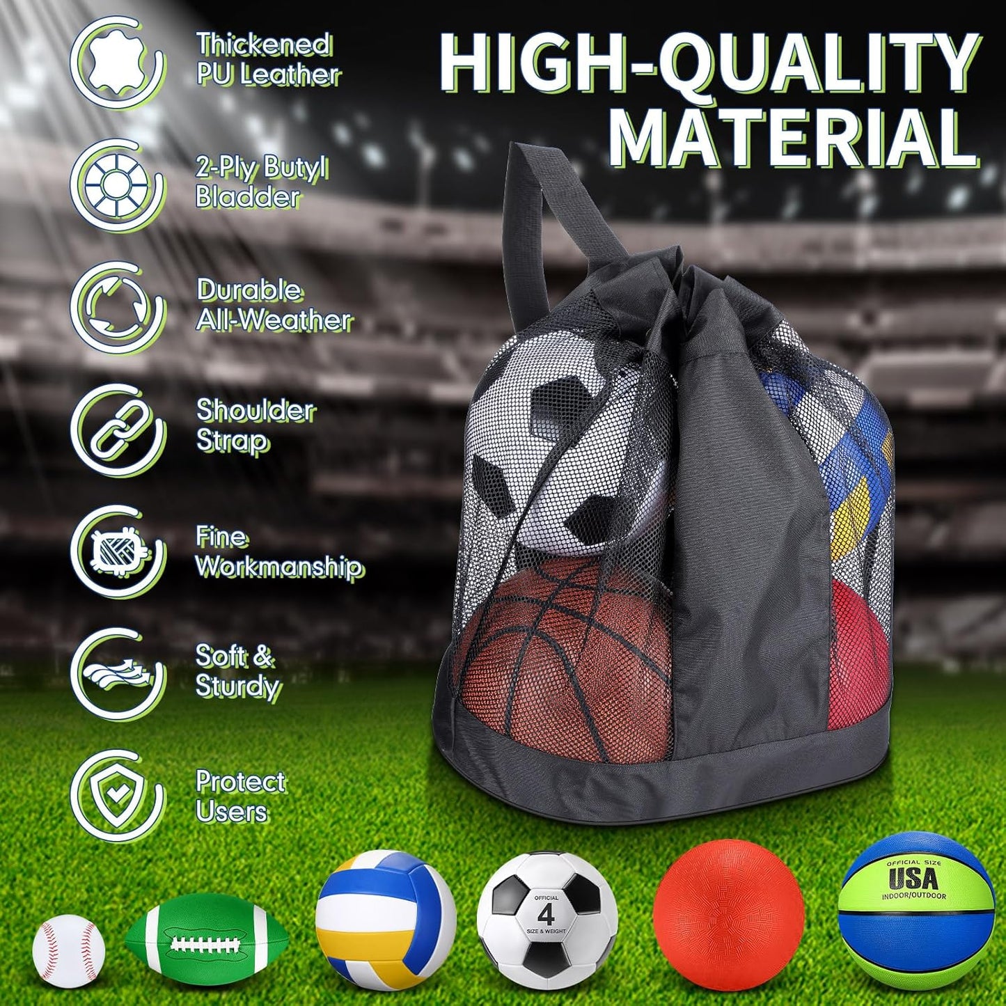 Realspring 6 Pcs Multi Sport Ball Set for Kid Teen Operation Christmas Official Size Football, Basketball, Soccer, Volleyball, Playground Ball, Baseball with Sports Equipment Bag Pump