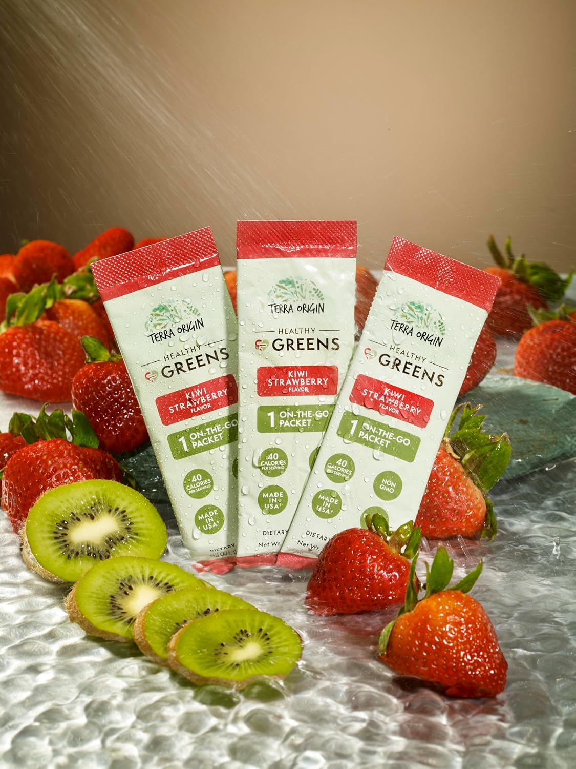 TERRA ORIGIN Greens Powder Packets | 74+ Vitamin and Superfoods | Supports Gut Health, Bloating, and Energy | with Antioxidant, Digestive Enzymes, Adaptogens | Kiwi Strawberry (15 Packets)