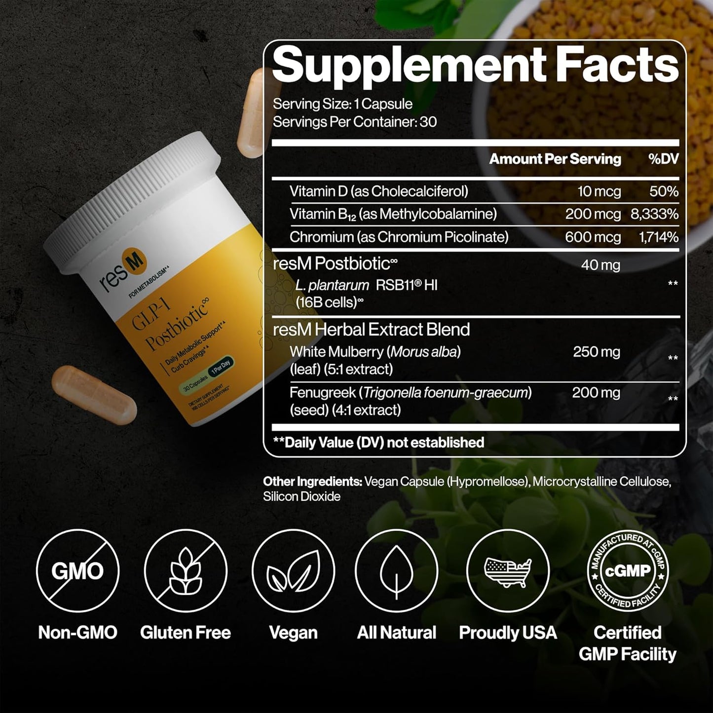 resM GLP-1 Postbiotic - GLP 1 Activate Supplement for Women & Men, GLP1 Activator & Supporter, Vegan Gut Health Vitamins, Daily Natural Metabolic Support - 30 Vegetarian Capsules (1 Bottle)