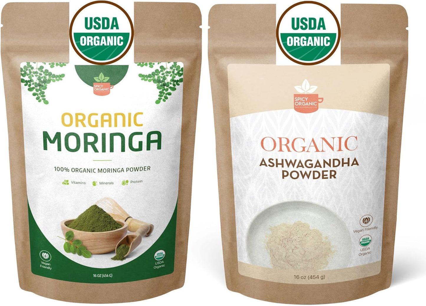 Organic Moringa & Ashwagandha Powder Bundle – 1 lb (454g) Each – USDA Organic Herbal Superfood Adaptogens for Energy, Stress Relief, Focus, Immune Support – Vegan, Non-GMO Supplement for Daily Use