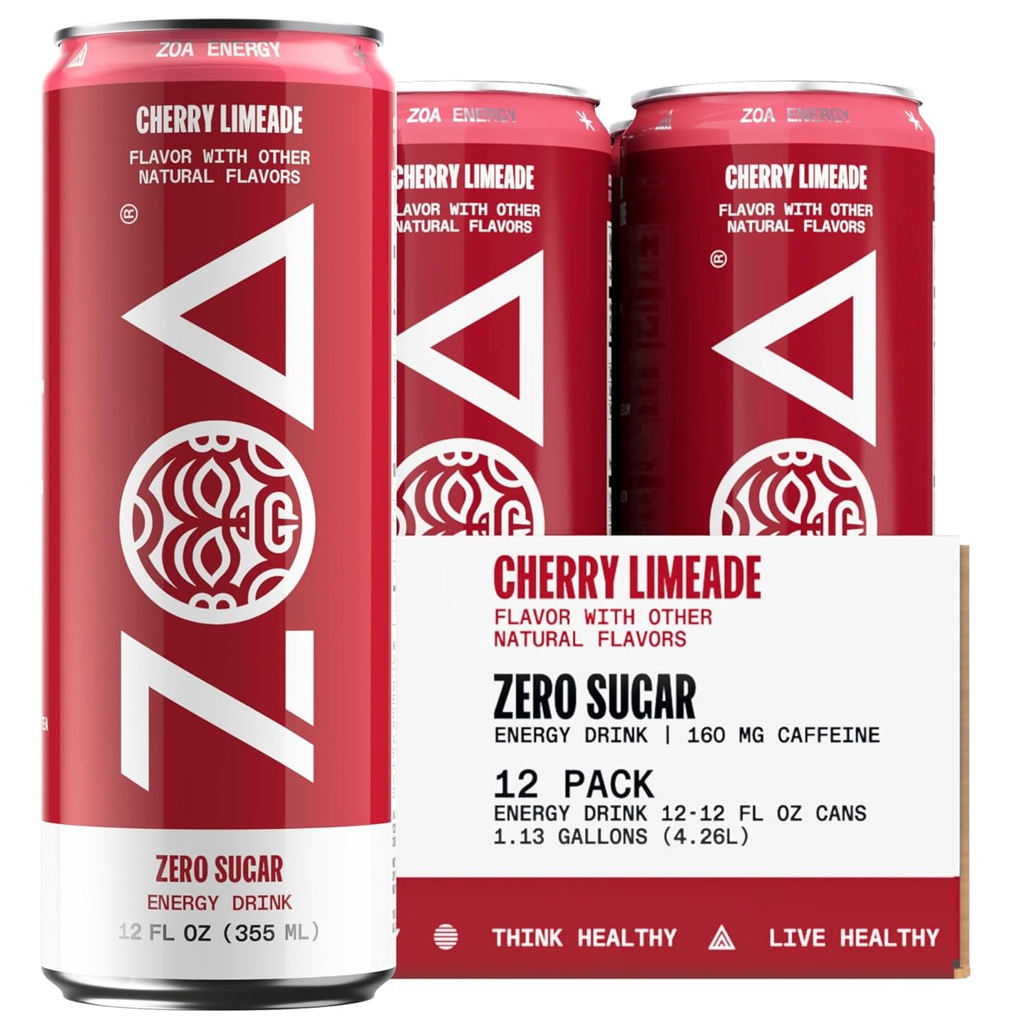 ZOA Zero Sugar Energy Drinks, Cherry Limeade - Sugar Free with Electrolytes, Healthy Vitamin C, Amino Acids, Essential B-Vitamins, and Caffeine from Green Tea - 12 Fl Oz (12-Pack)