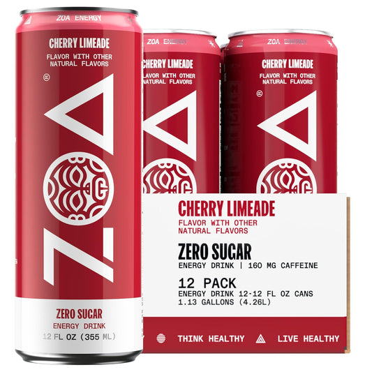 ZOA Zero Sugar Energy Drinks, Cherry Limeade - Sugar Free with Electrolytes, Healthy Vitamin C, Amino Acids, Essential B-Vitamins, and Caffeine from Green Tea - 12 Fl Oz (12-Pack)