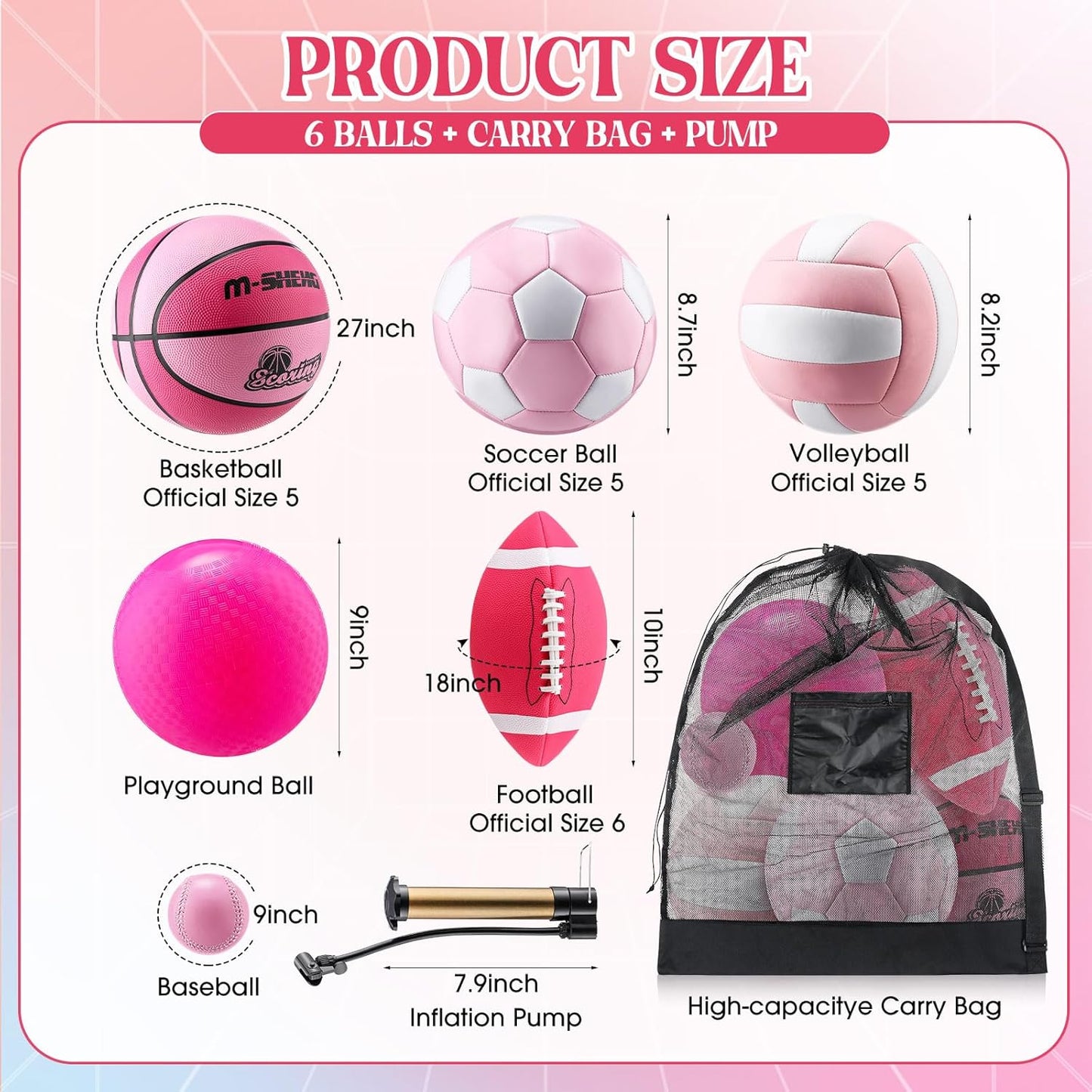 6 Pcs Multi Sport Ball Set Official Size Football, Basketball, Soccer, Volleyball, Playground Ball, Baseball with Equipment Bag Pump for Teen Adult Sport Gift Back to School