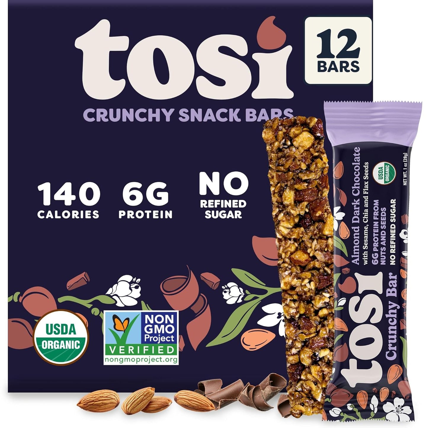 Tosi Dark Chocolate Almond Protein Bars, Plant Based with Nuts, Gluten-Free Crunchy Snacks, Vegan, Organic, Flax & Chia Seeds, Soy-Free, Omega 3s, 6G Protein, 1 oz, 12-Pack