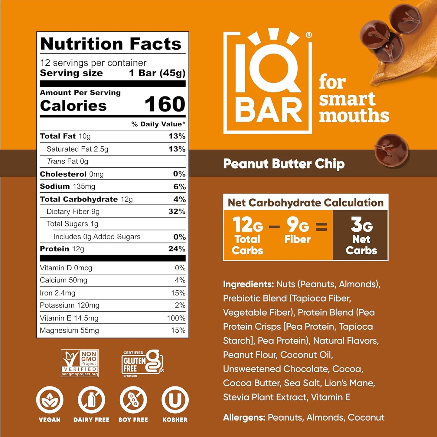 IQBAR Brain and Body Plant Protein Bars - Peanut Butter Chip - 24-Count Low Carb - Gluten Free, High Fiber, Vegan Snacks - Low Sugar Meal Replacement