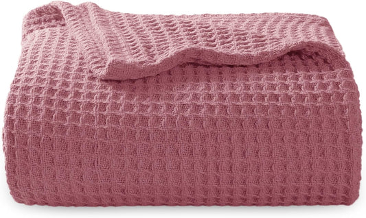 Bedsure 100% Cotton Blanket Twin XL Size for College Dorm - Breathable and Soft, Waffle Weave Twin Blanket for Summer, Dorm Room Essentials, Dusty Rose, 66x90 inches