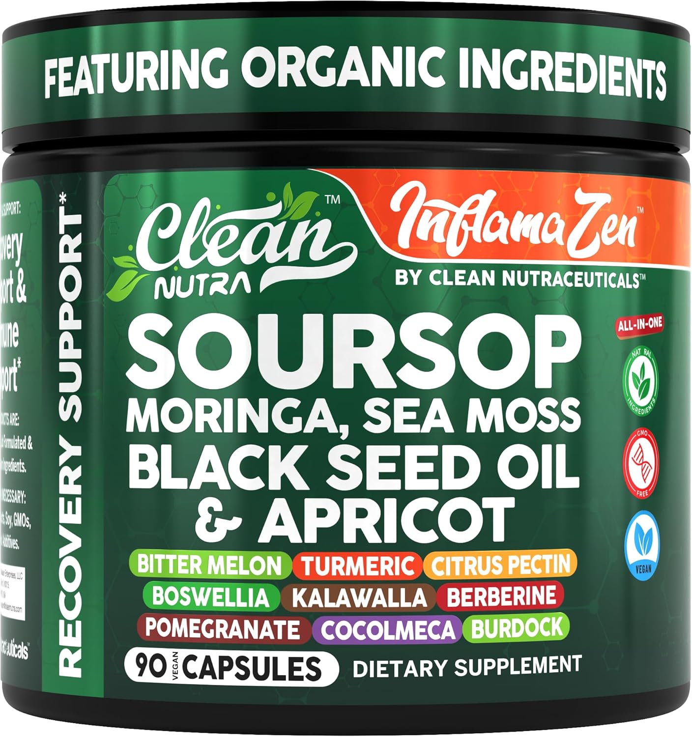 Clean Nutra Soursop Supplement Moringa Sea Moss Black Seed Oil Berberine Turmeric Resveratrol Quercetin Greens Bitters Boswellia Bitter Melon Burdock Root Antioxidant Support 90 Capsules