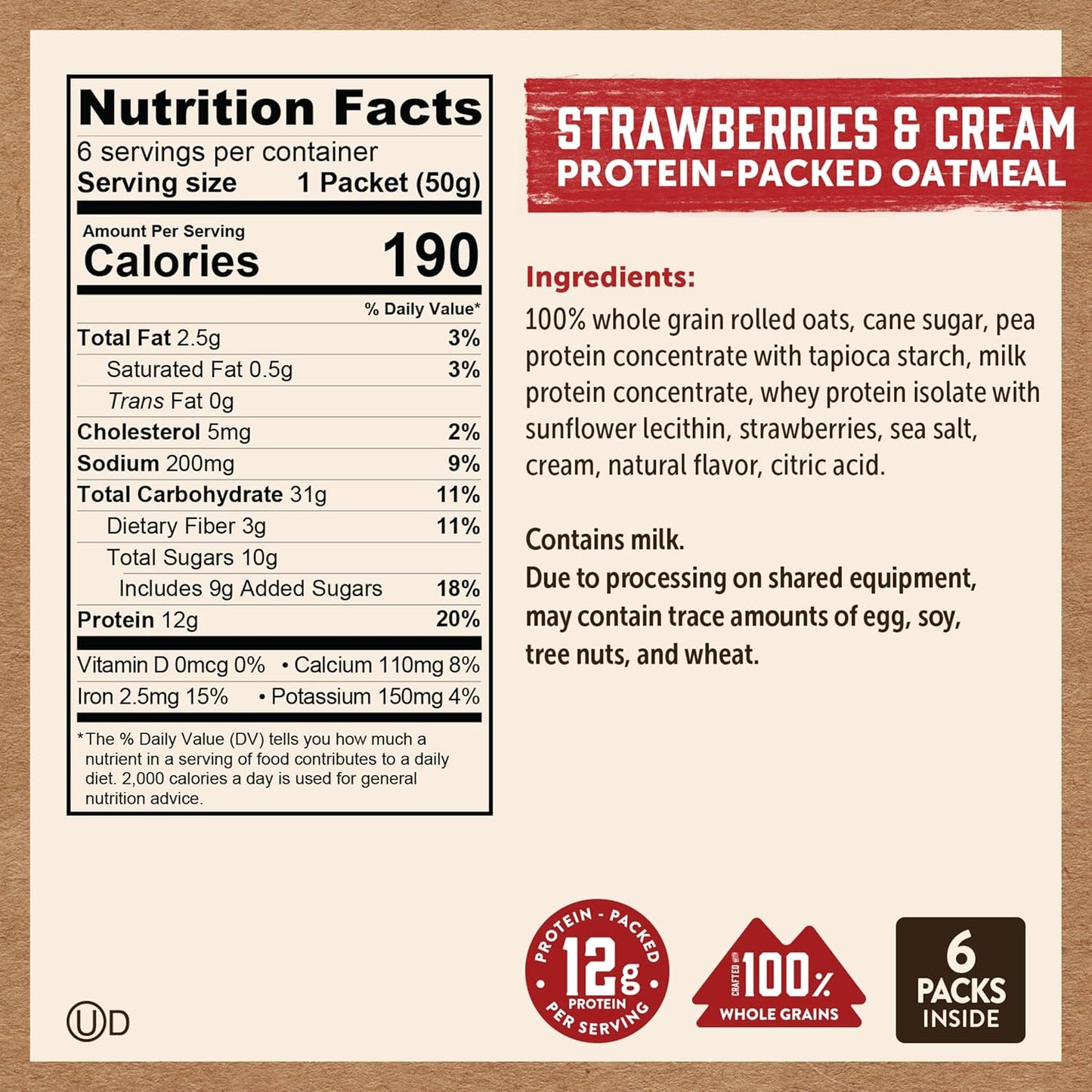 Kodiak Cakes Strawberries & Cream Oatmeal Packets (Pack of 6)