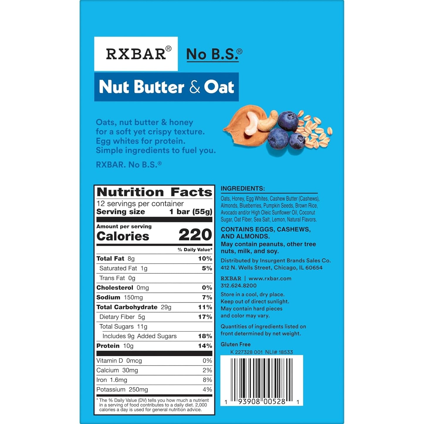 RXBAR Nut Butter and Oat Protein Bars, Protein Snacks, Snack Bars, Blueberry Cashew Butter, 23.2oz Box (12 Bars)