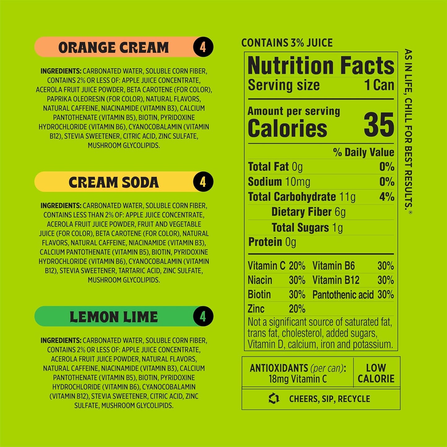 Popwell Caffeinated Variety Pack Better-For-You Prebiotic Soda, with 6g Fiber, 1g Sugar, Vitamins and Immunity Support, 12 fl oz, 12 count (Orange Cream, Lemon Lime, Cream Soda)