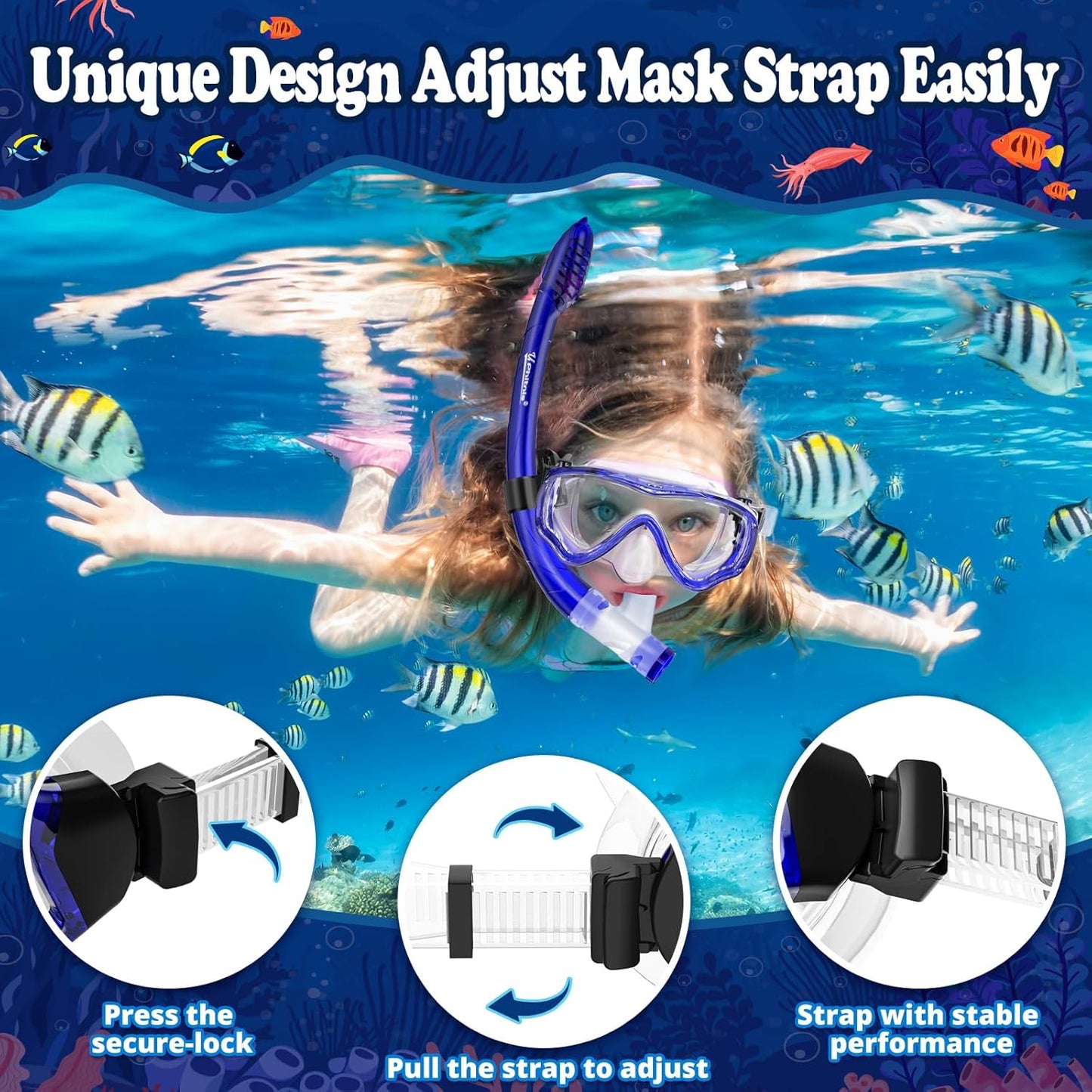 U PHITNIS Kids Snorkel Set for Age 4-14 - Dry Top Snorkeling Gear for Kids Junior & Youth - Childs Diving Mask with Big Eyes for Boys Girls - Anti-Fog Snorkeling Mask and Snorkel Set