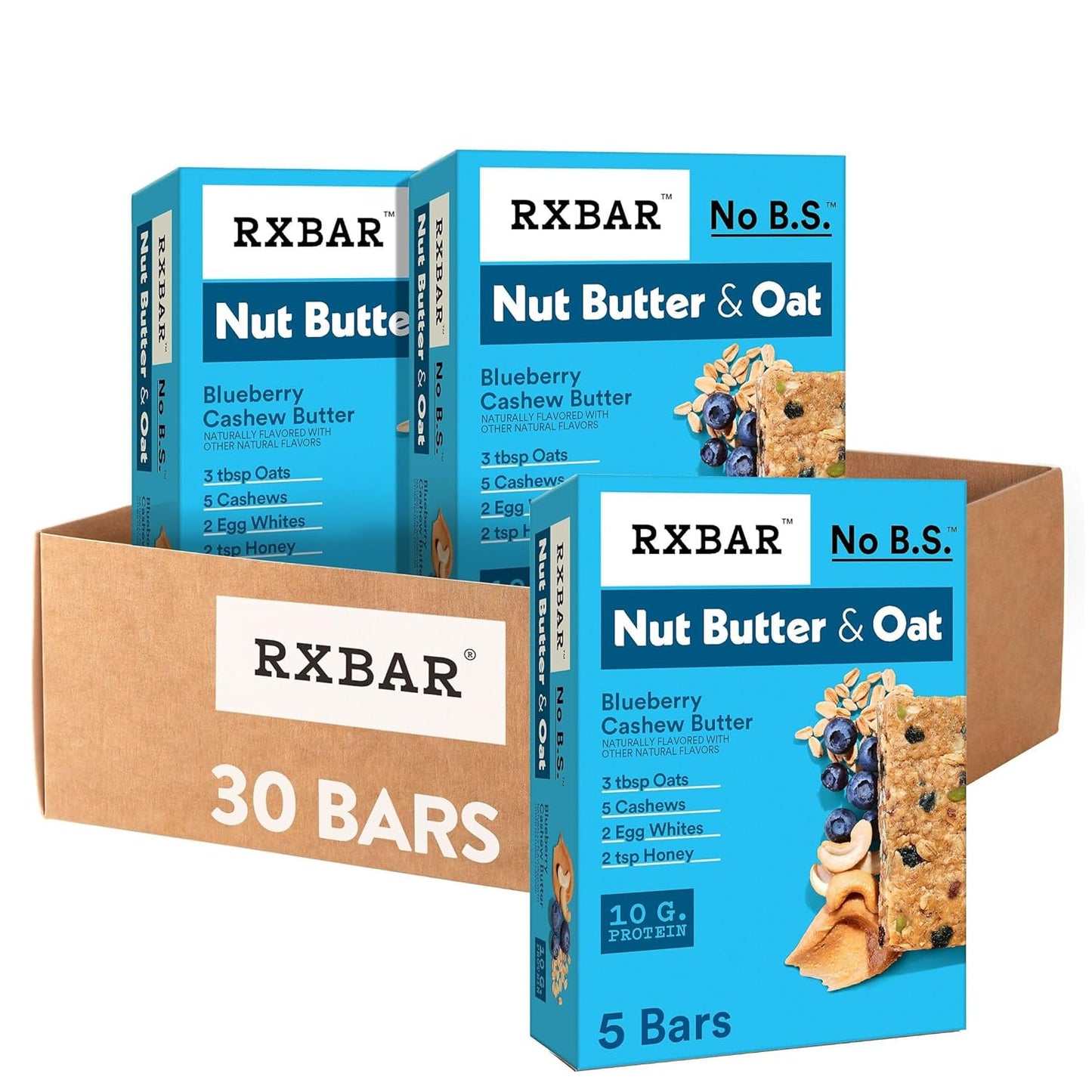 RXBAR Nut Butter and Oat Protein Bars, Protein Snacks, Snack Bars, Blueberry Cashew Butter (6 Boxes, 30 Bars)