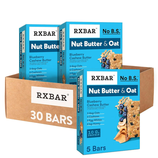RXBAR Nut Butter and Oat Protein Bars, Protein Snacks, Snack Bars, Blueberry Cashew Butter (6 Boxes, 30 Bars)