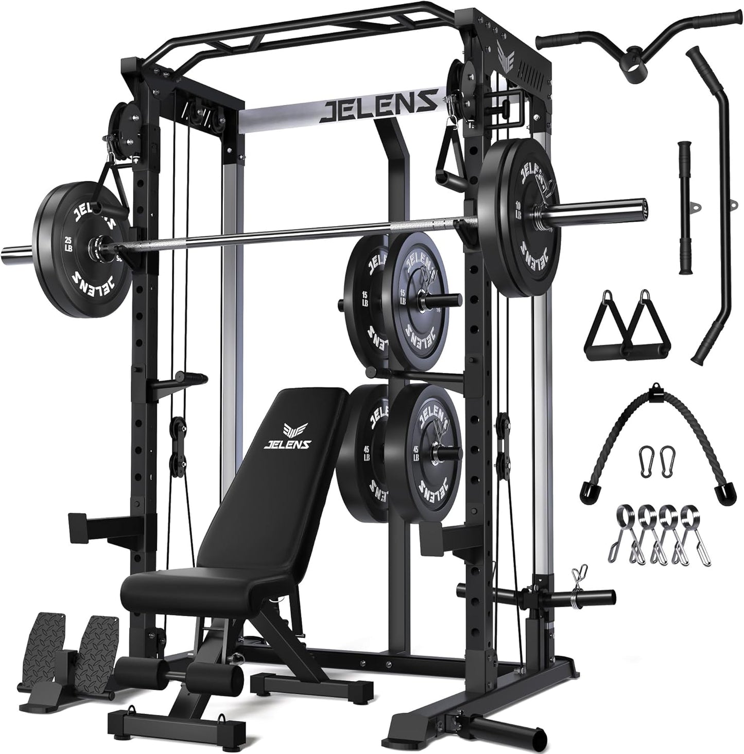 Power Cage, 2000LBS Multi-Function C21 Power Rack with Dual Pulley Cable Crossover System, All-in-One Squat Rack with More Training Attachments