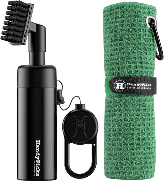 Handy Picks Golf Club Cleaner with Water Bottle Holds 5.5 OZ, Heavy Duty Metal Retractable Magnetic Clip, Waffle Microfiber Golf Towel, Ideal Water Brush Combo