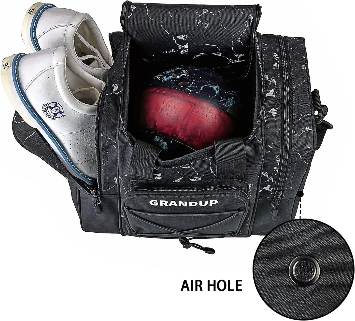 GRANDUP Bowling Ball Bag for Single Ball - Black Bowling accessories Ball Tote Bag Bowling Bag with Padded Ball Holder - Fits Bowling Shoes Up to Mens Size 14