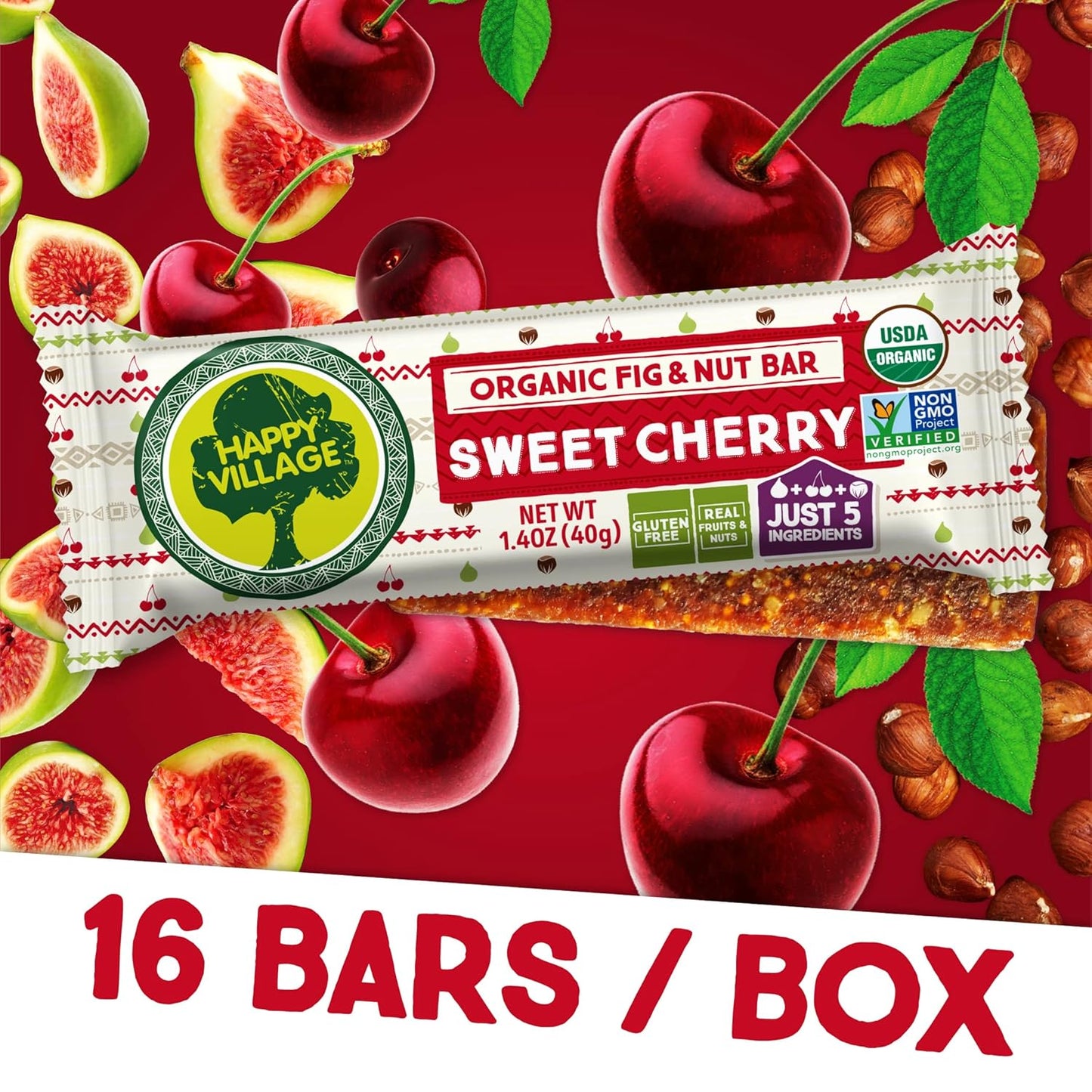 Happy Village Organic Fruit & Nut Bar, SWEET CHERRY | Gluten Free, No Refined Sugar, Kosher, Non-GMO, Vegan, Good Source of Fiber | Organic Healthy Snack Bars (16 bars, 1.4 OZ each)