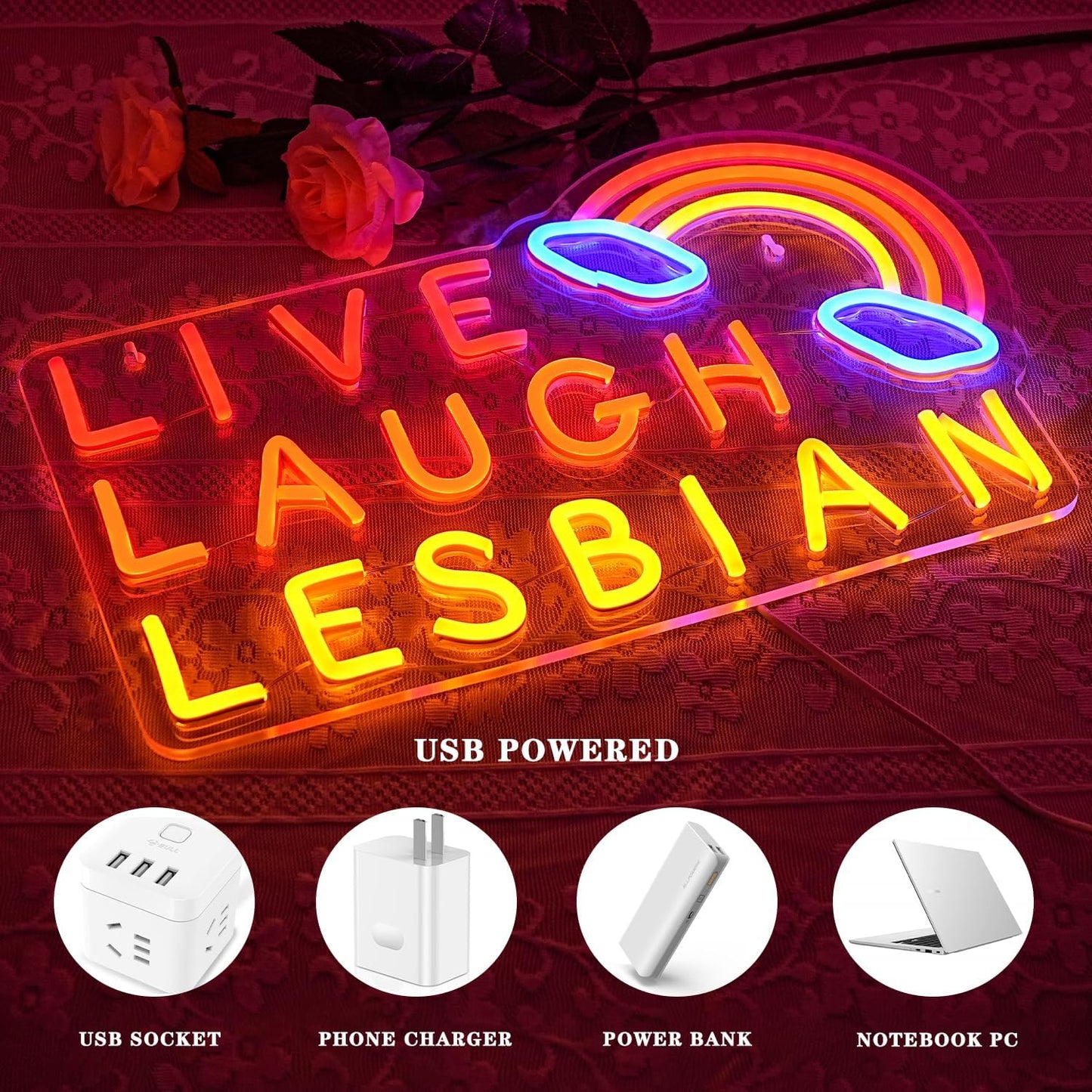 Live Laugh Lesbian Neon Sign Lesbian Neon Light Rainbow LED Neon Lights Gay Pride Day LED Neon Lights for Gay Lesbian Bar Bedroom Store Decoration