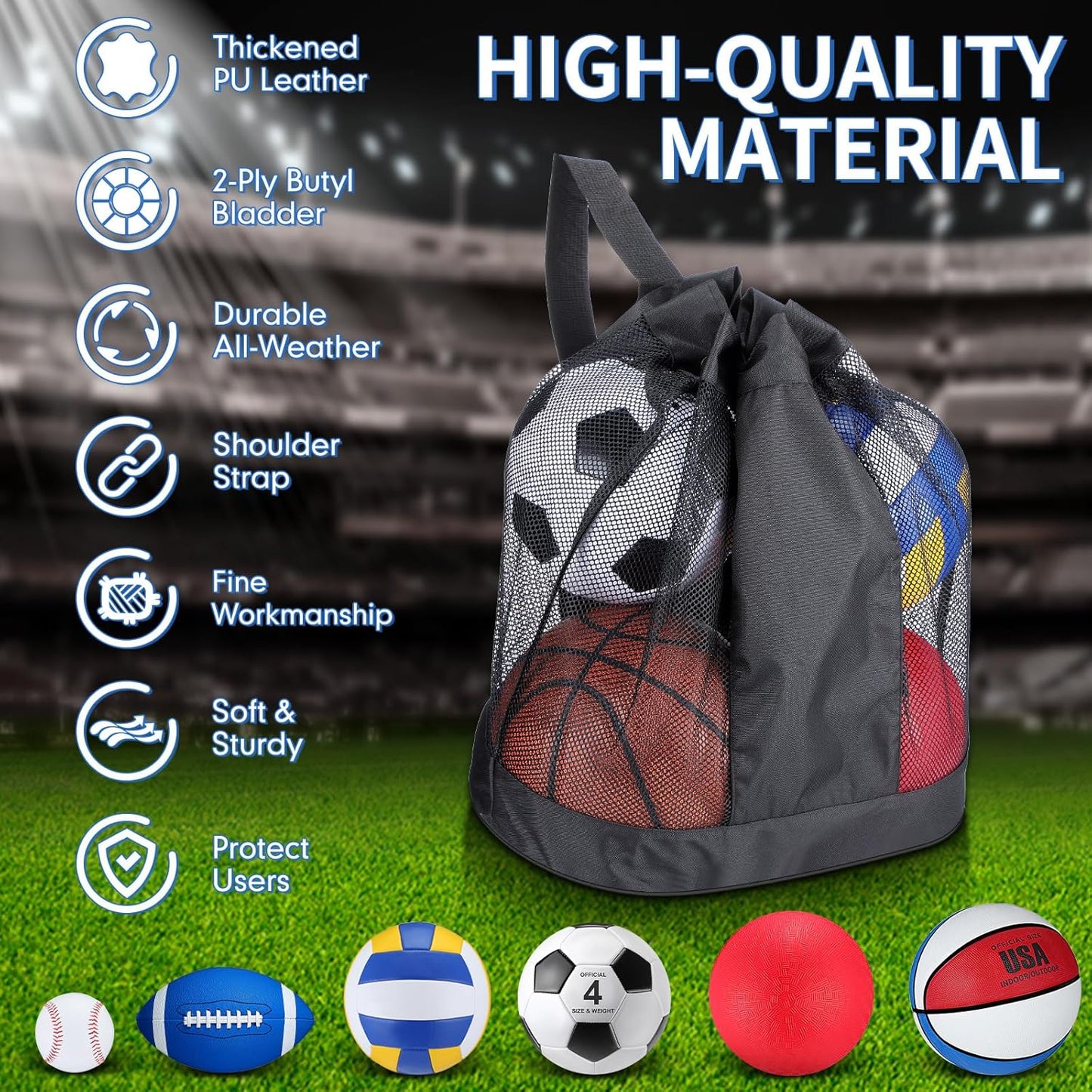 Realspring 6 Pcs Multi Sport Ball Set for Kid Teen Operation Christmas Official Size Football, Basketball, Soccer, Volleyball, Playground Ball, Baseball with Sports Equipment Bag Pump