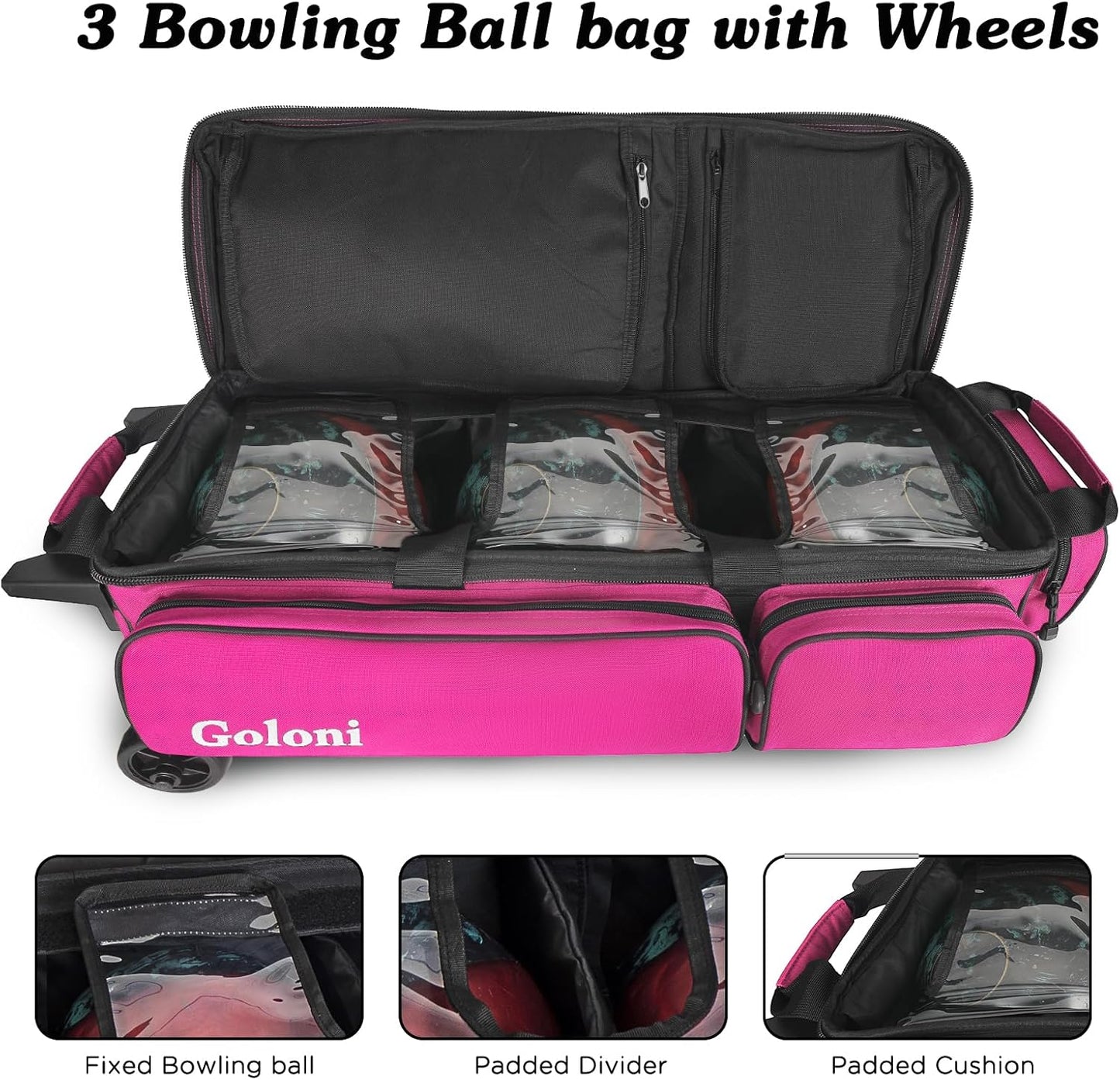 Goloni 3 Ball Bowling Bags with Wheels - Rolling Bowling Bag for 3 Balls & Accessories - Retractable Handle Extends to 38