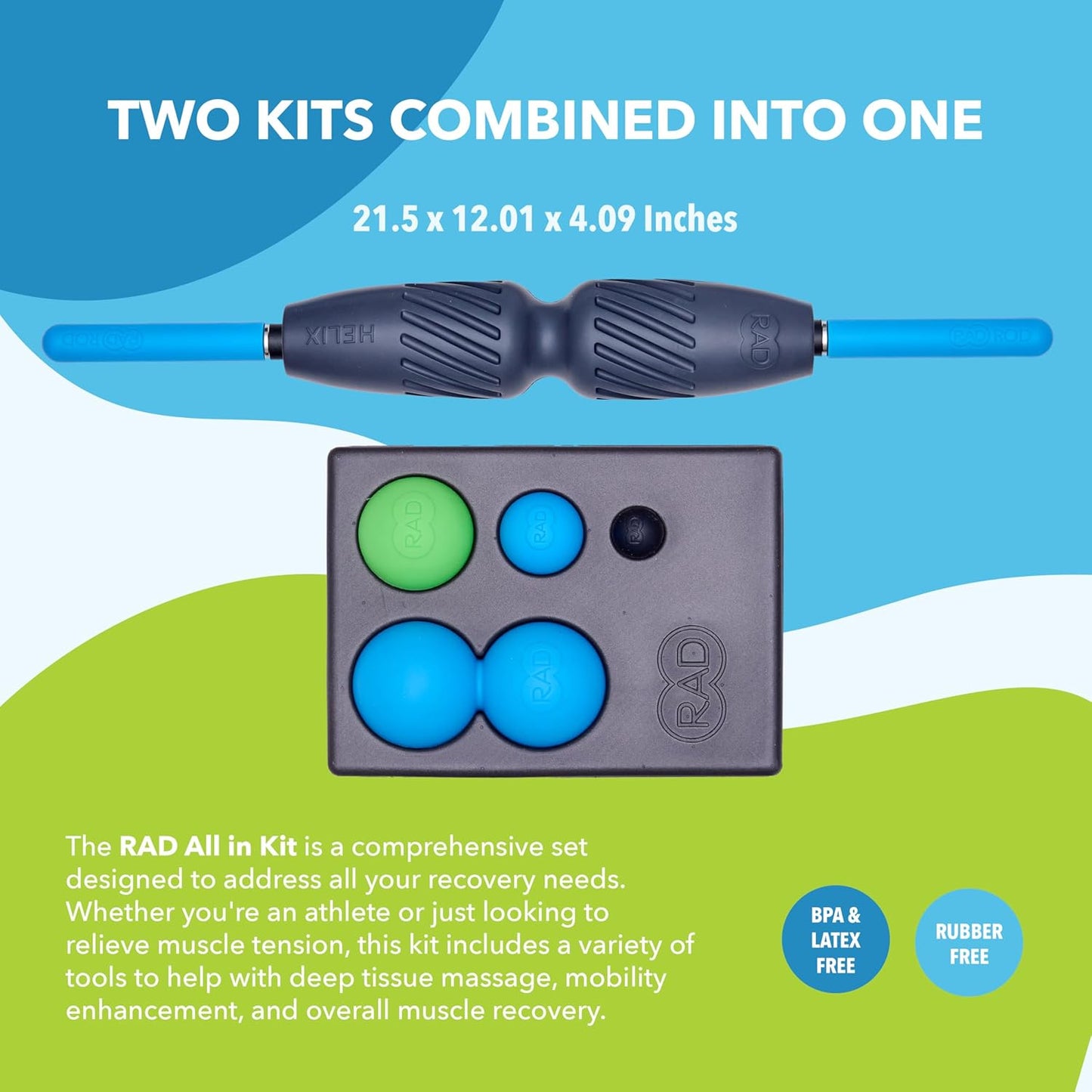 RAD All-in Kit – 7-in-1 Foam Roller Set for Myofascial Release – Includes Massage Roller Stick, Yoga Block, Massage Balls - Muscle Recovery Tools for Mobility & Flexibility