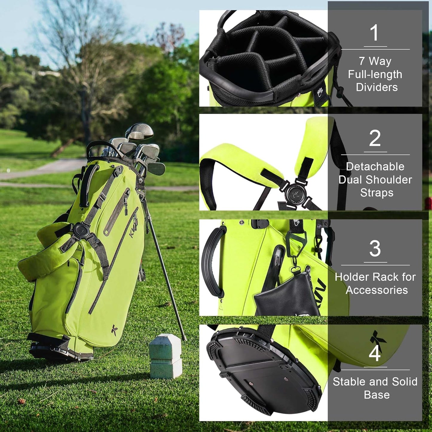 KVV Lightweight Golf Stand Bag with 7 Way Full-Length Dividers, 5 Zippered Pockets, Automatically Adjustable Dual Straps，Elegant Design