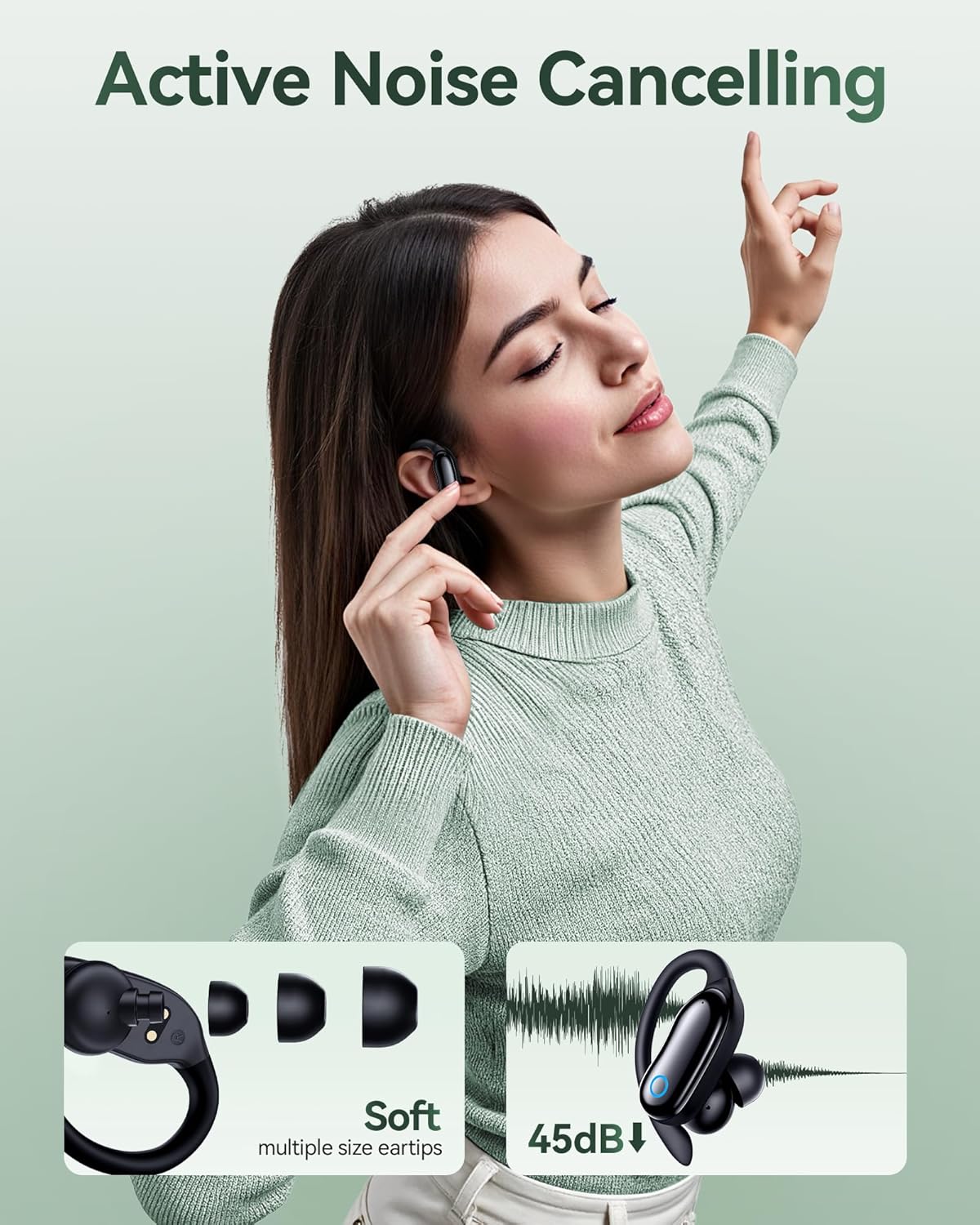 GNMN Active Noise Cancelling Ear Buds Wireless Earbuds 96hrs Playback Bluetooth Headphones IPX7 Waterproof Stereo Bass Over-Ear Earphones with Earhooks Microphone LED Battery Display for Sports/Gym