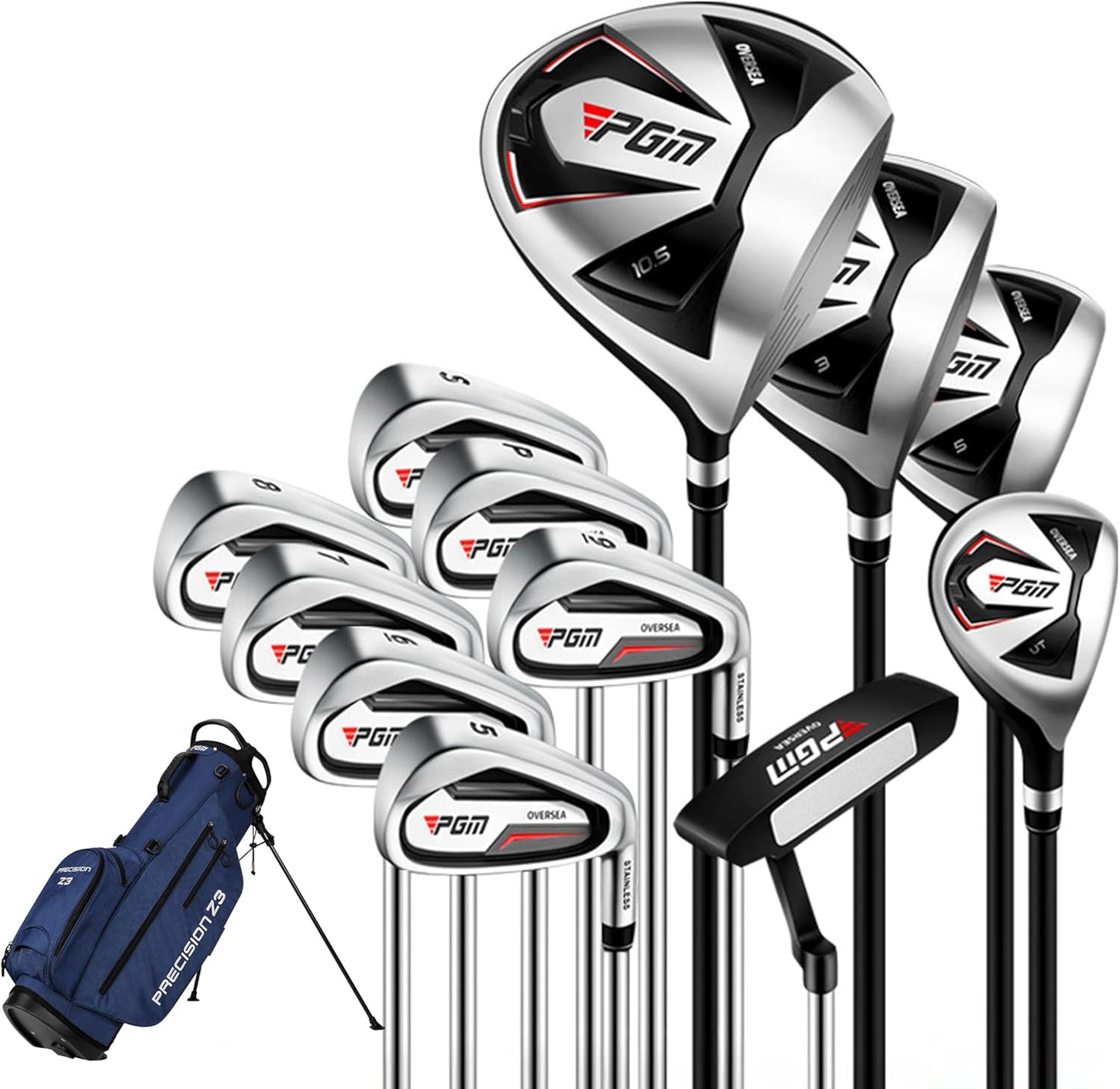 PGM Men's Oversea 9/12 Pieces Complete Golf Club Set with High-Strength Thin Face Design 460cc Driver High Forgiveness Ideal for Beginners