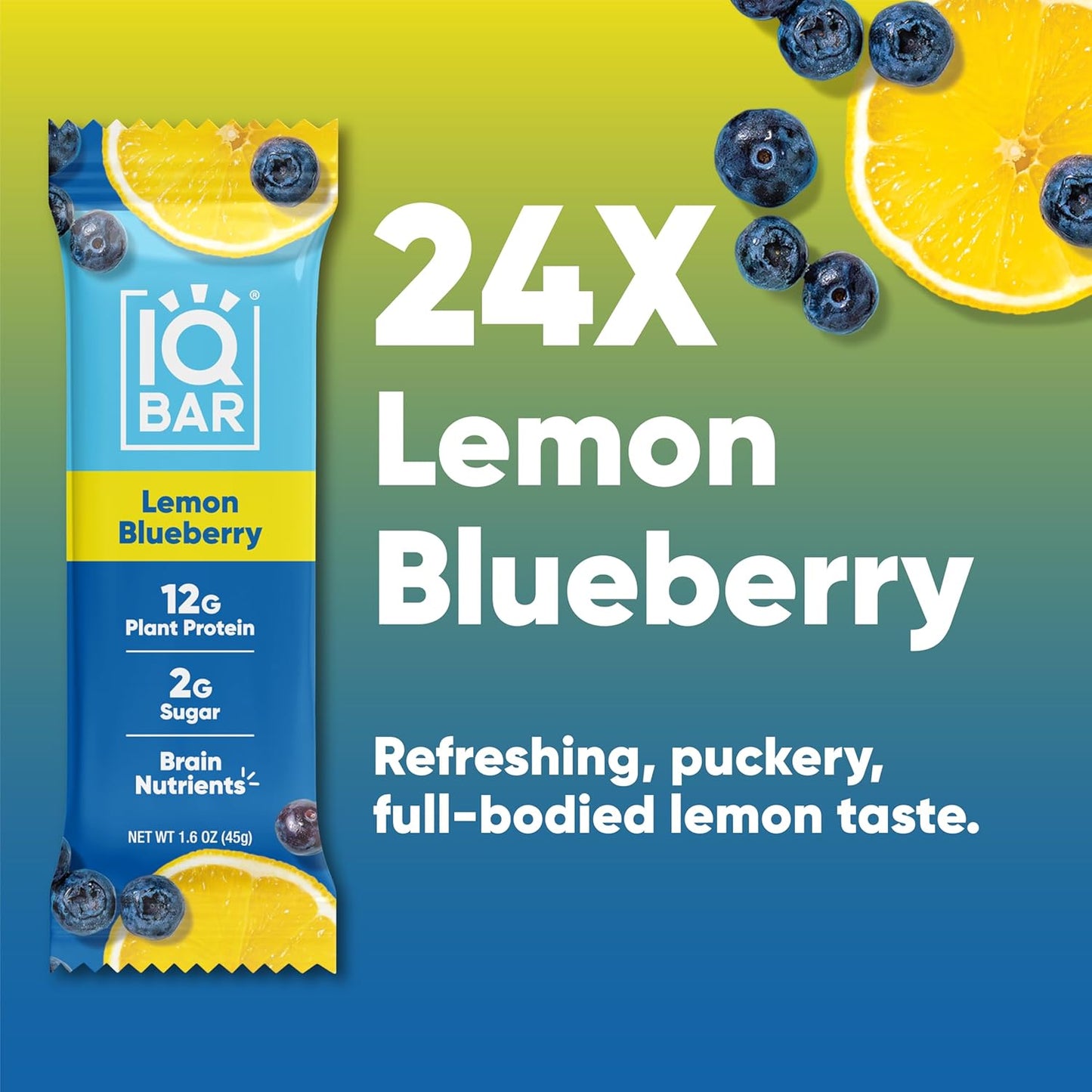 IQBAR Brain and Body Plant Protein Bars - Lemon Blueberry - 24-Count Low Carb - Gluten Free, High Fiber, Vegan Snacks - Low Sugar Meal Replacement