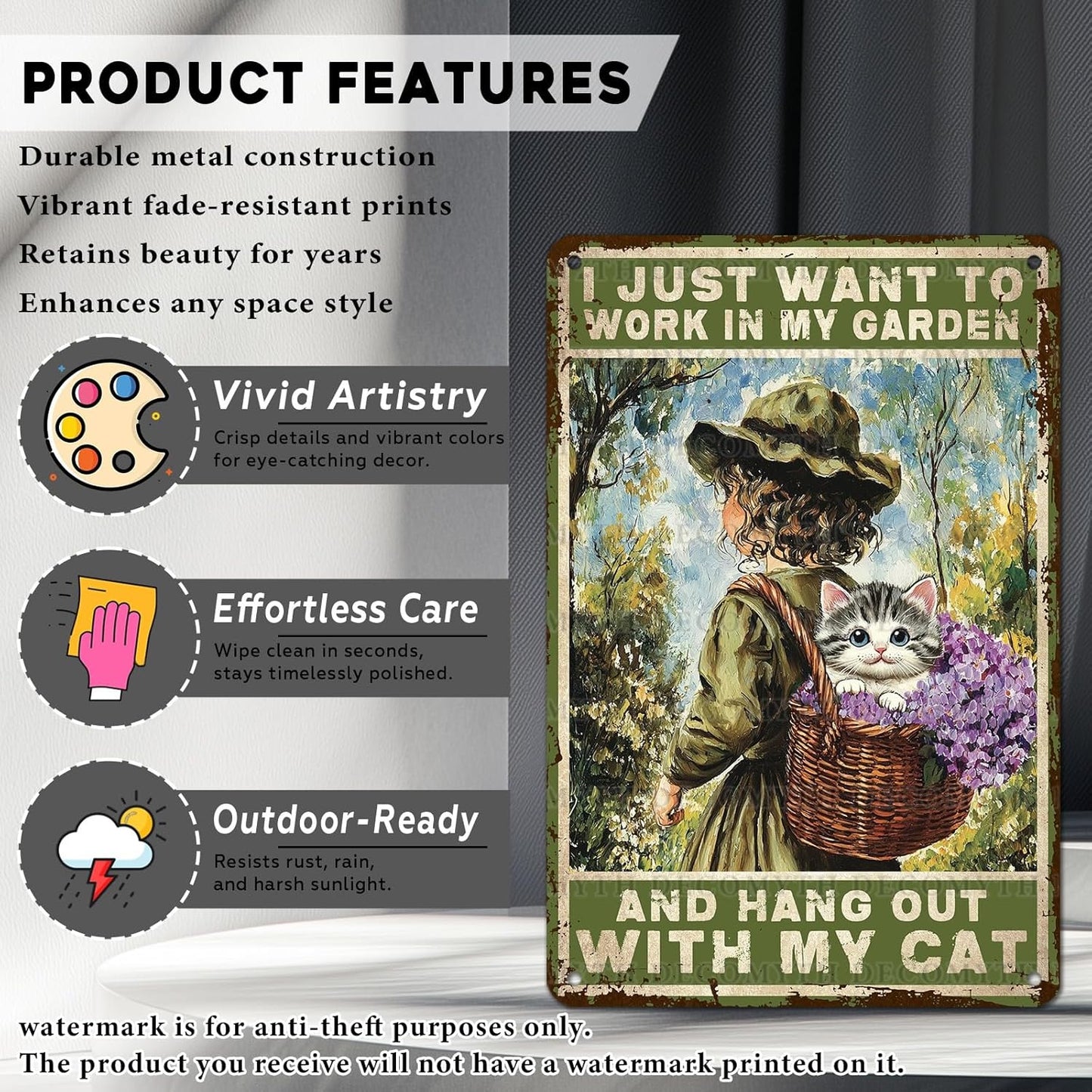 Garden Sign I Just Want To Work In My Garden and Hang Out With My Cat Vintage Metal Tin Sign Retro for Home Patio Backyard 12 * 8inch