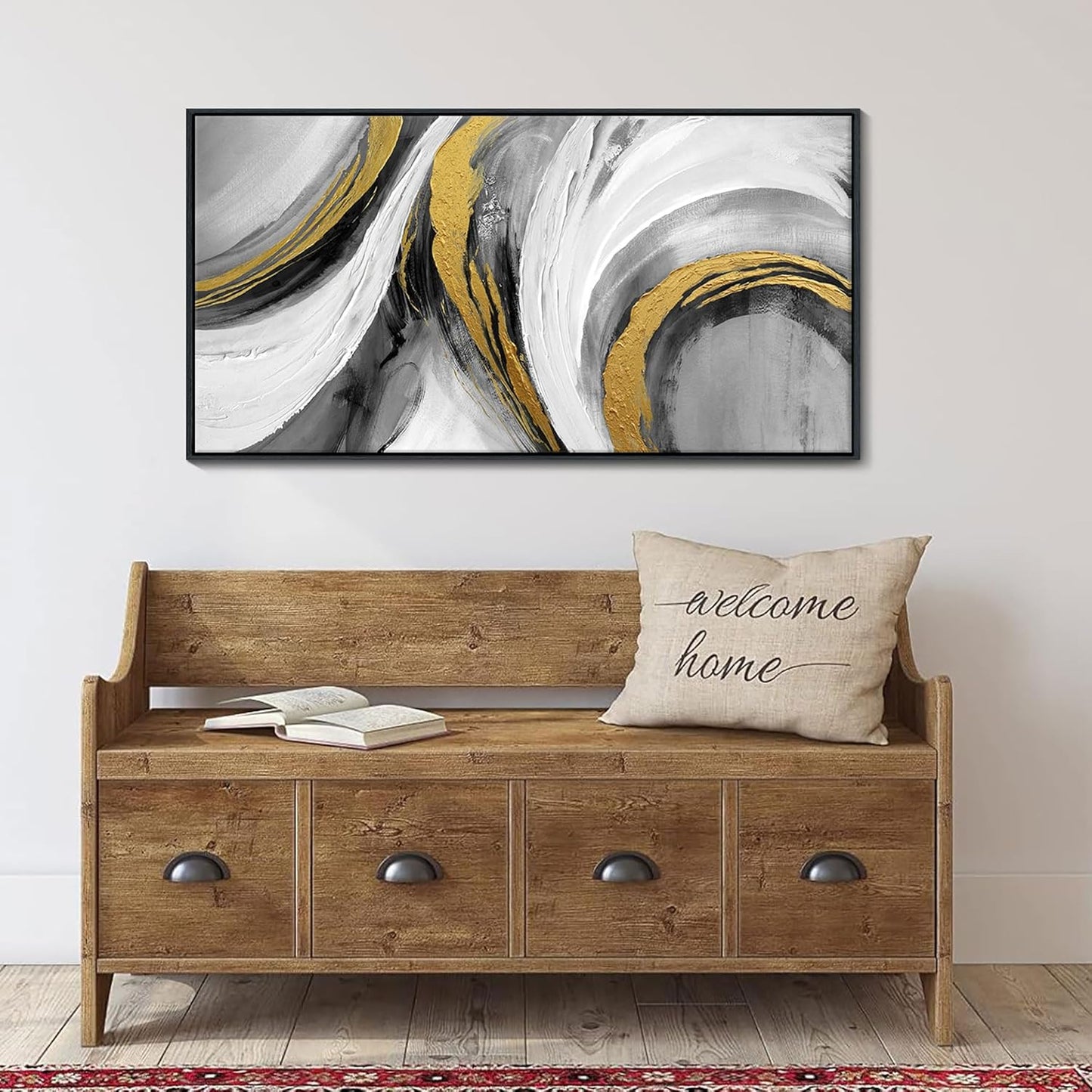 Large Abstract Wall Art, Black White and Gold Texture Graffiti Framed Paintings Modern Gallery Picture Artwork for Living Room Bedroom Office Home Decor 20x40 In