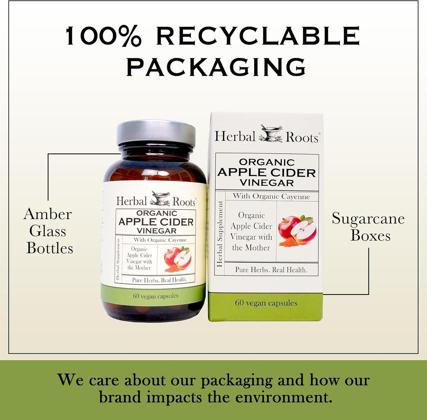 Herbal Roots Organic Apple Cider Vinegar Capsules with Mother and Organic Cayenne | 650 mg | 60 Vegan Capsules