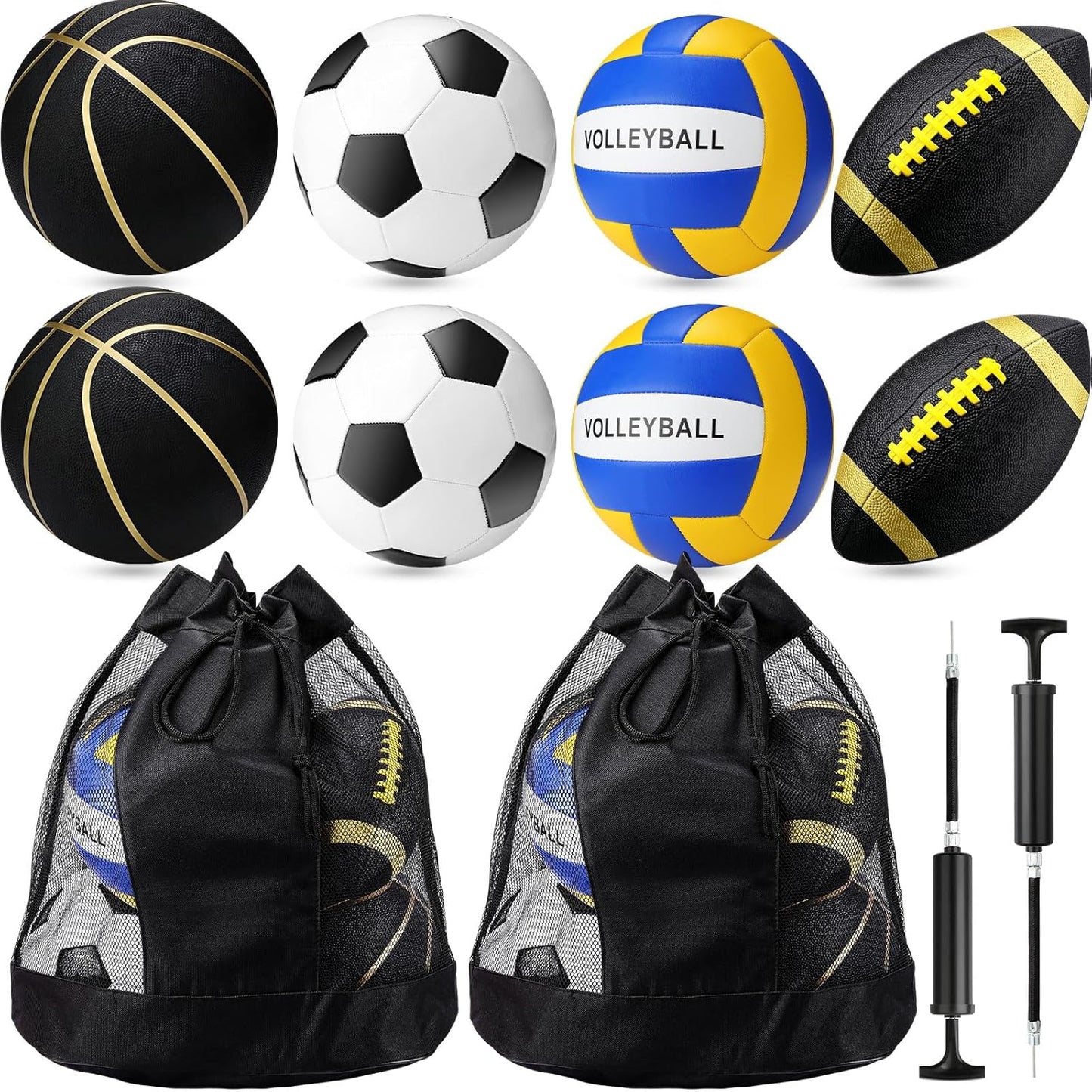 8 Pcs Sports Balls Set Include Basketball Football Soccer Volleyball with 2 Sport Equipment Bags 2 Pumps for Teens Youth Adult Outdoor Operation Christmas Ball Gifts