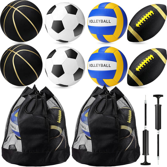 8 Pcs Sports Balls Set Include Basketball Football Soccer Volleyball with 2 Sport Equipment Bags 2 Pumps for Teens Youth Adult Outdoor Operation Christmas Ball Gifts