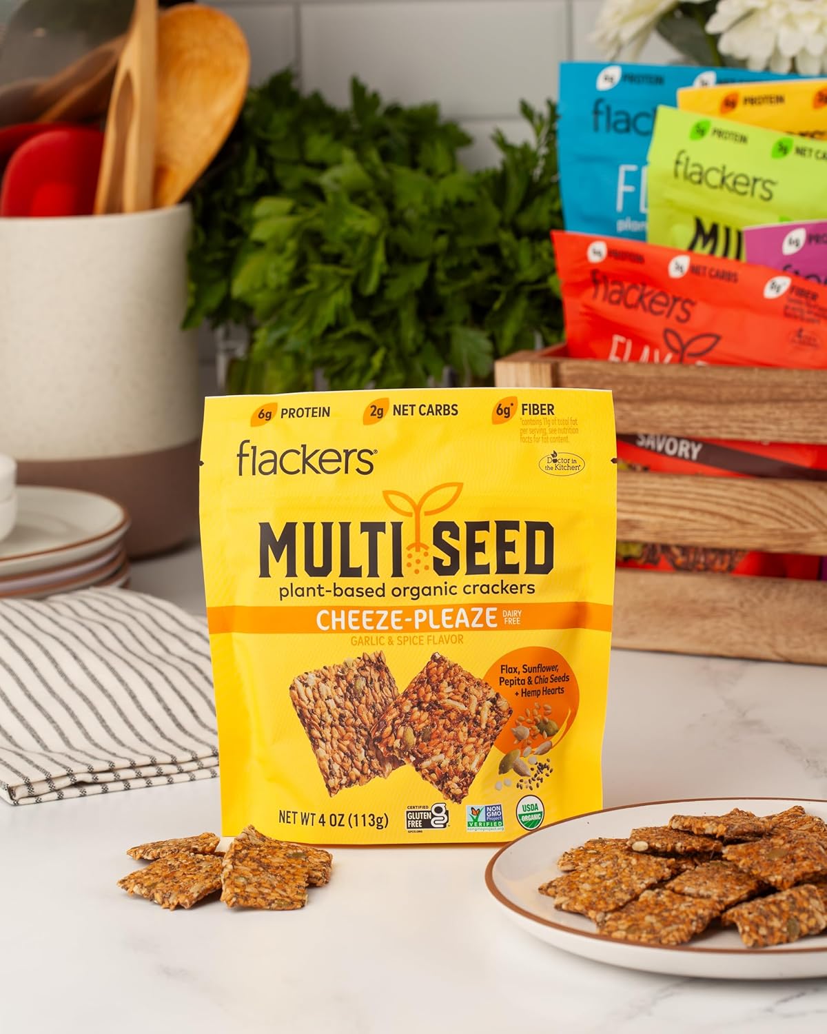 Flackers Organic Cheeze-Pleaze Multi-Seed Crackers, 4 Ounce 6-Pack, Gluten Free, Non GMO, Vegan, Keto Snack, 6g protein, 6g Fiber, 2g Net Carbs
