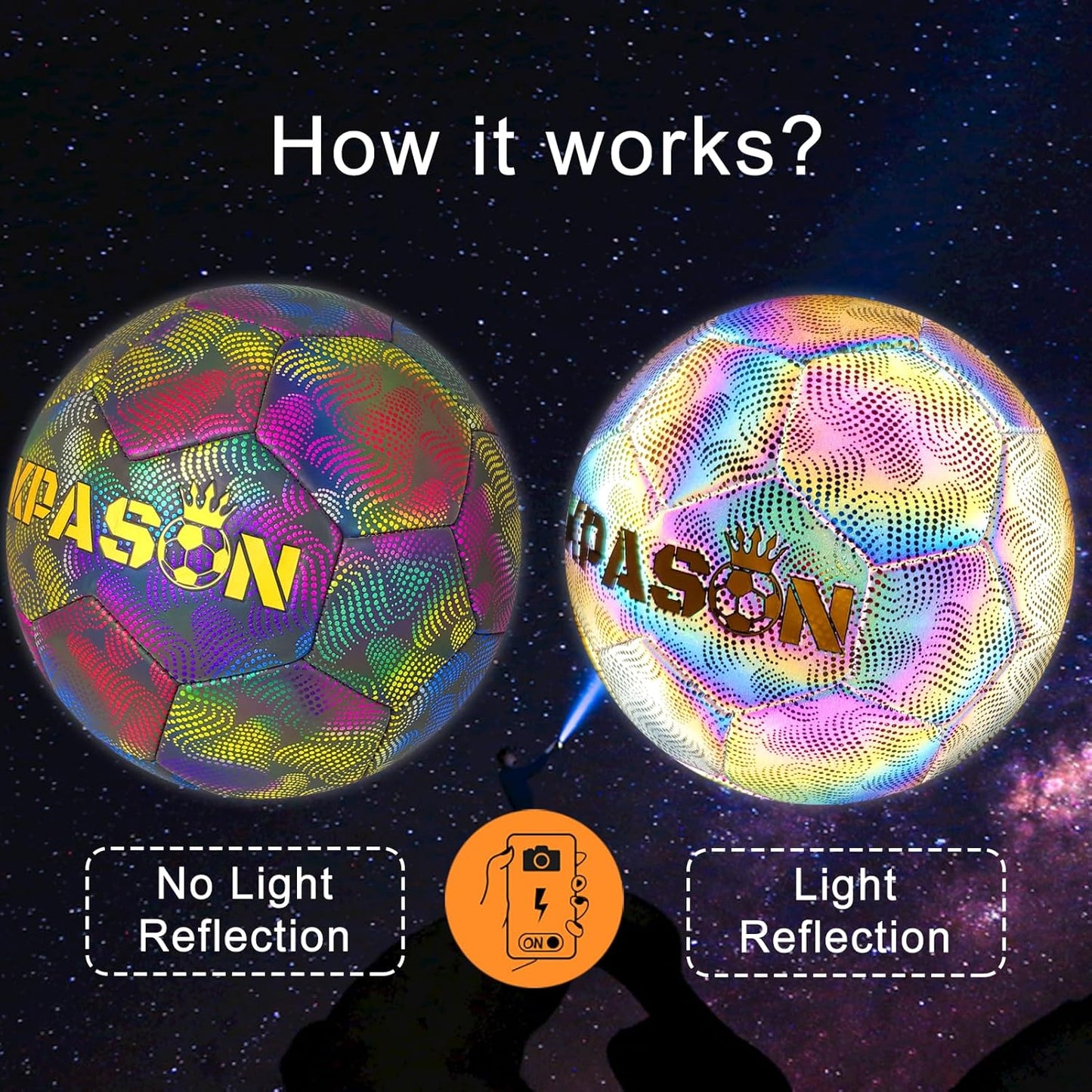 Soccer Ball, Holographic Reflective Glowing Soccer Ball for Men Women Training