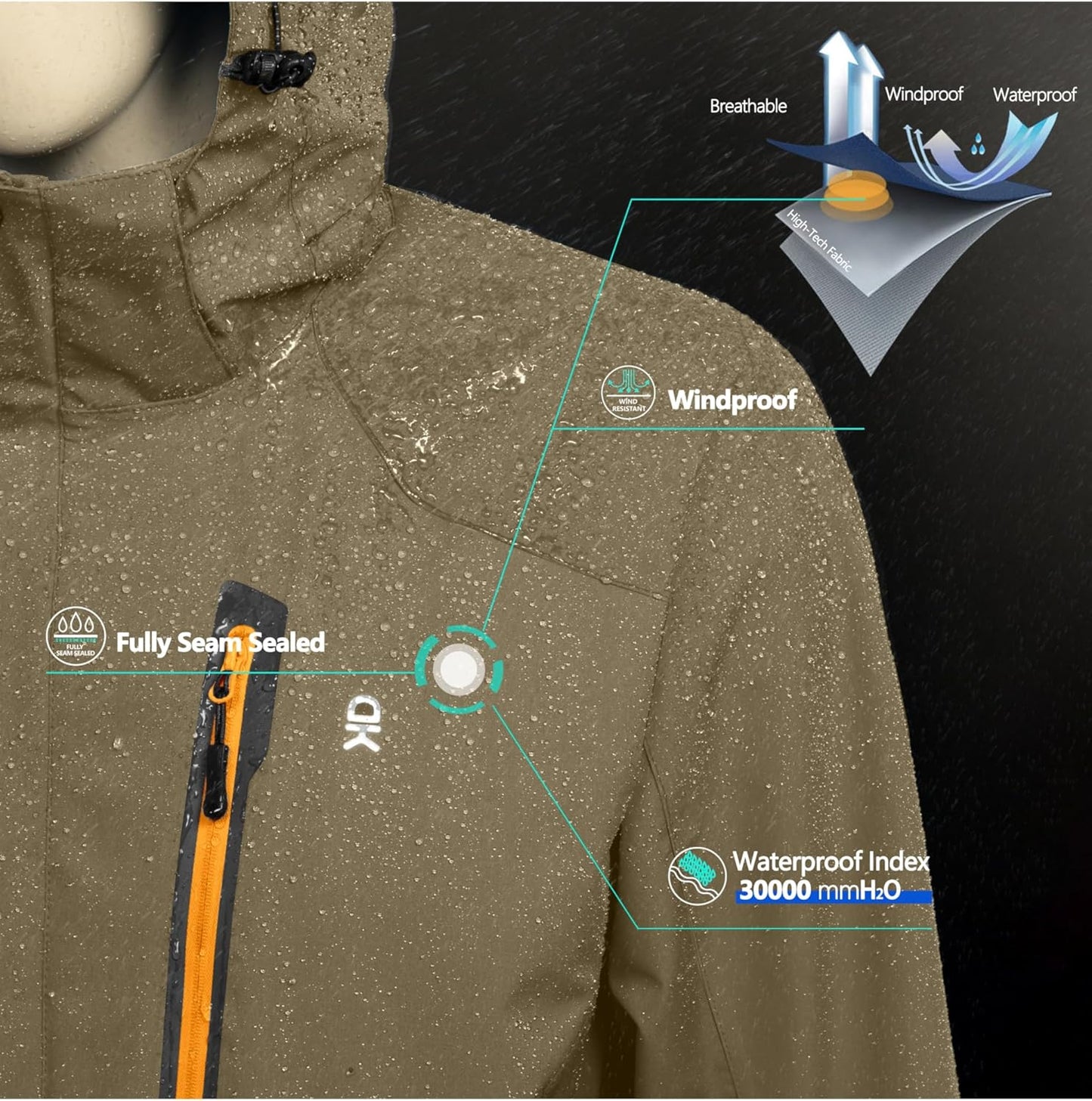 Little Donkey Andy Men's Waterproof Rain Jacket Outdoor Lightweight Hooded Raincoat for Hiking Golf Travel Fishing