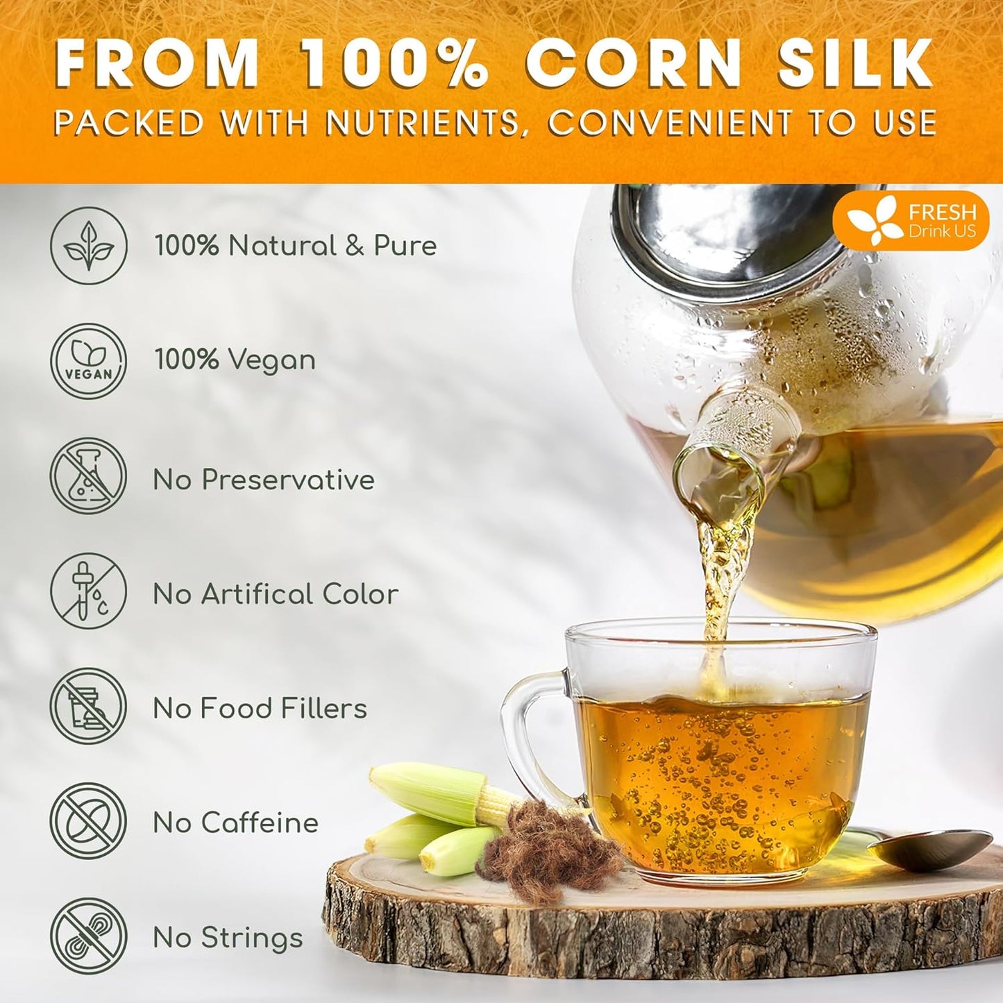 FreshDrinkUS, Premium 135 Tea Bags Corn Silk Tea, 100% Natural & Pure from Corn Silk. Corn Silk Herbal Tea. Clean Ingredients. Made with Natural Material Tea Bags. No Sugar, No Caffeine, Vegan.