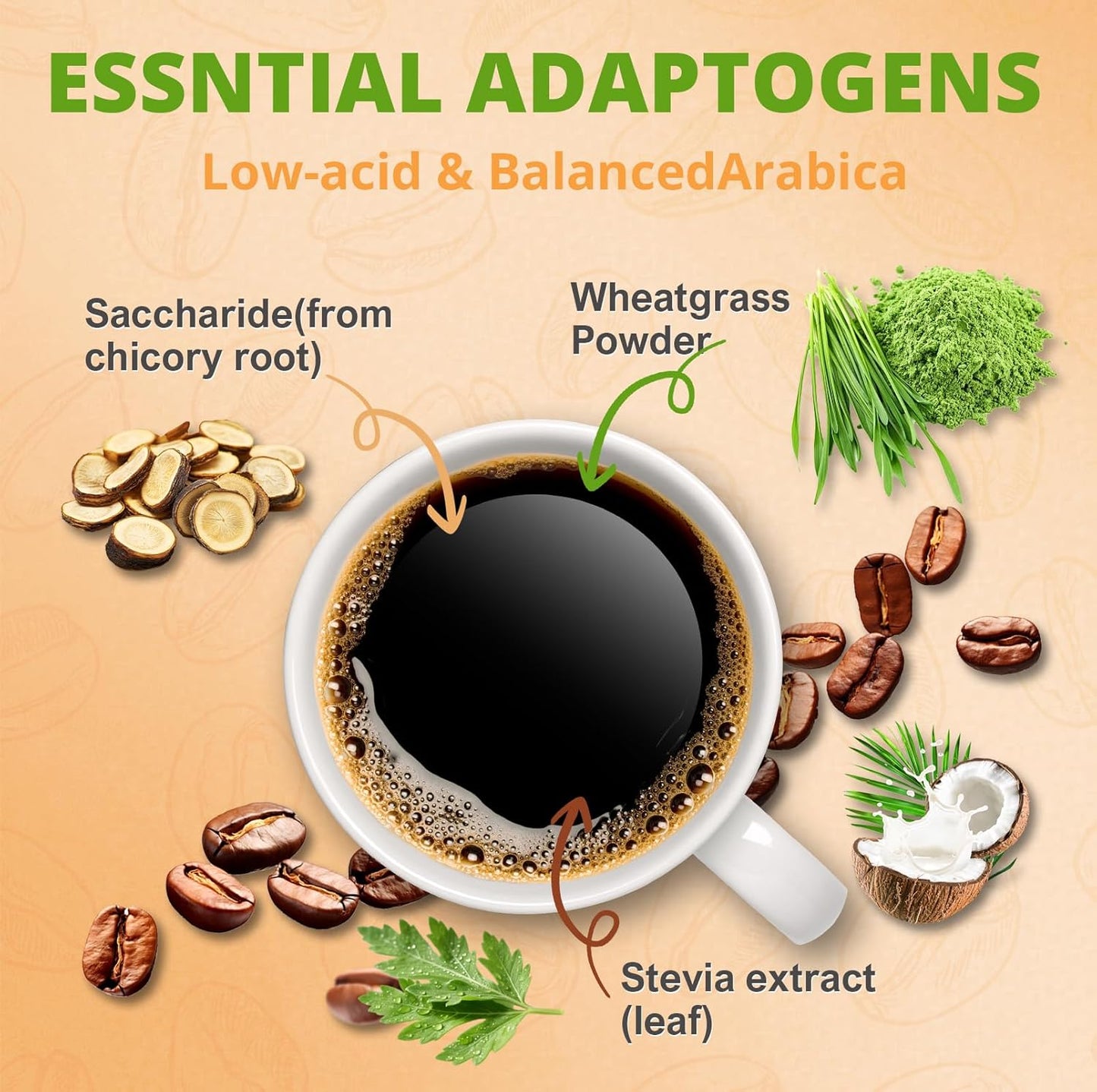 Alkaline Coffee Non-Dairy, Arabica Coffee with Mushroom Creamer, Wheatgrass, Oligosaccharide, 30% Beta-Glucan for Focus & Gut Health Support, 8.47oz