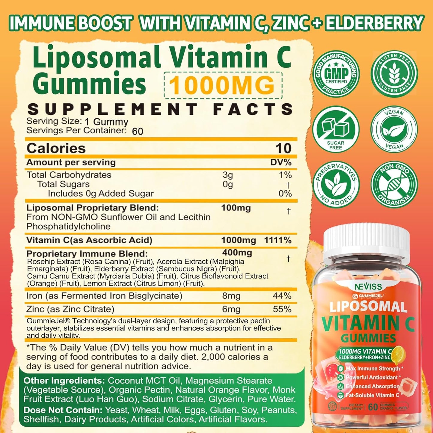 Liposomal Vitamin C 1000mg Gummies for Adults - Vitamin C Chewable 1500mg with 8mg Iron, Zinc & Elderberry - Immune Support, Immune Booster Supplement - for Energy, Collagen Booster, 2Pack Sugar Free