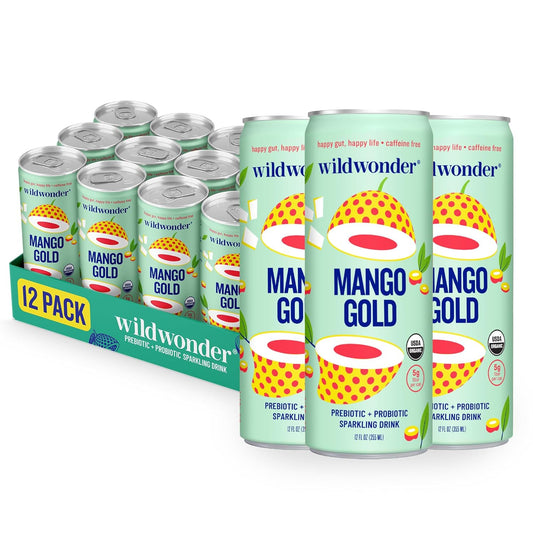 wildwonder Sparkling Probiotic Drink 12pk, For Gut Health & Immune Support, Mango Gold, 5g Prebiotic Fiber, Live Probiotics, Organic, Vegan, Low Sugar, 12 Pack, 12oz Can, As Seen on Shark Tank