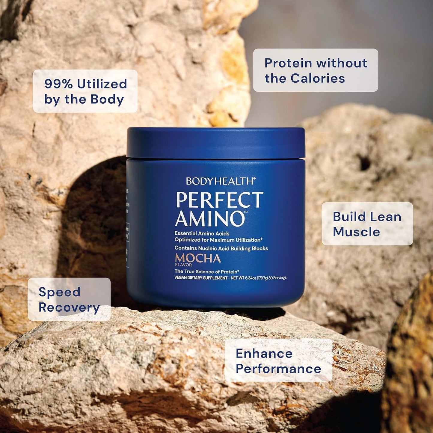 BodyHealth PerfectAmino Powder - BCAA and EAA Powder for Pre and Post Workout - Amino Acid Energy Drink for Men and Women to Support Lean Muscle and Recovery - Mocha - 30 Servings