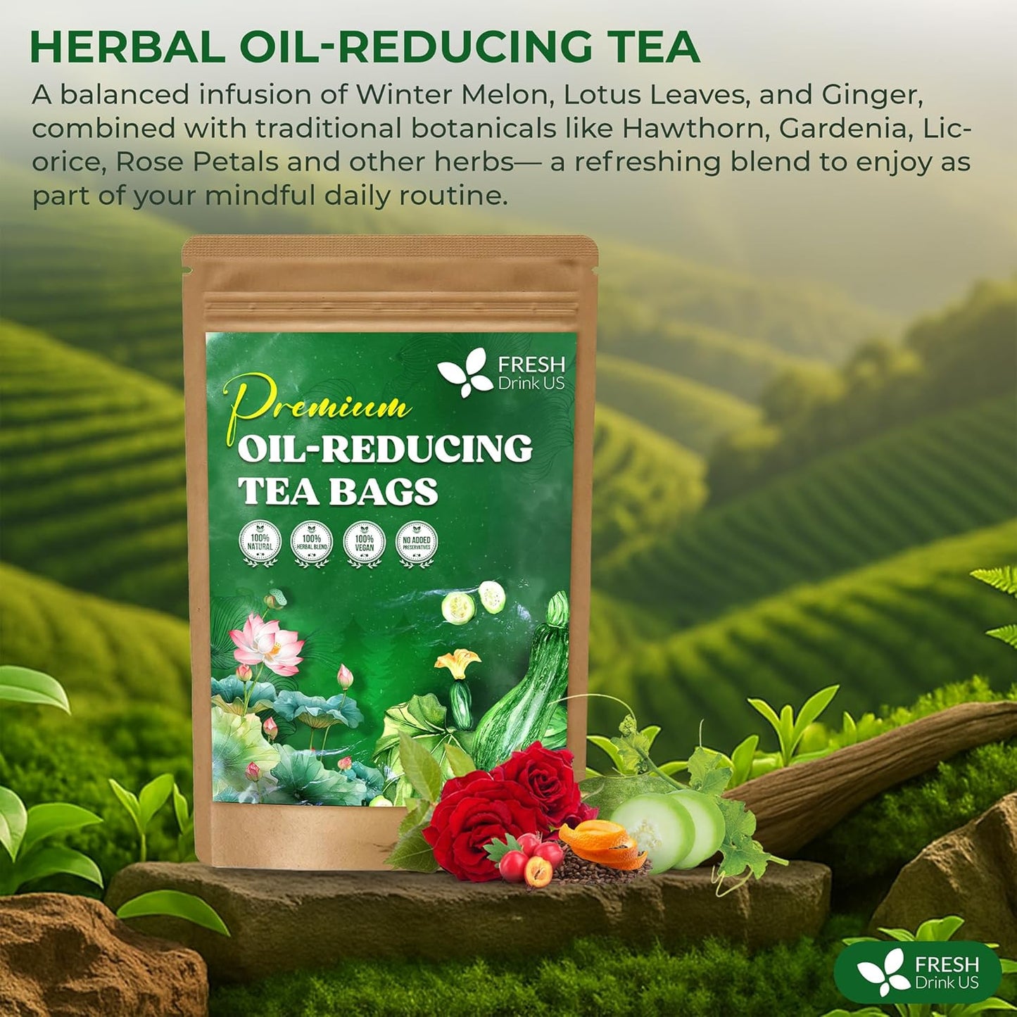 FreshDrinkUS, Oil-Reducing Herbal Tea – 40 Tea Bags | Blend of Winter Melon, Lotus Leaf, Ginger, Hawthorn, Gardenia Fruit, Rose, Cassia Seed & More | Naturally Caffeine-Free | Delicious Hot or Iced