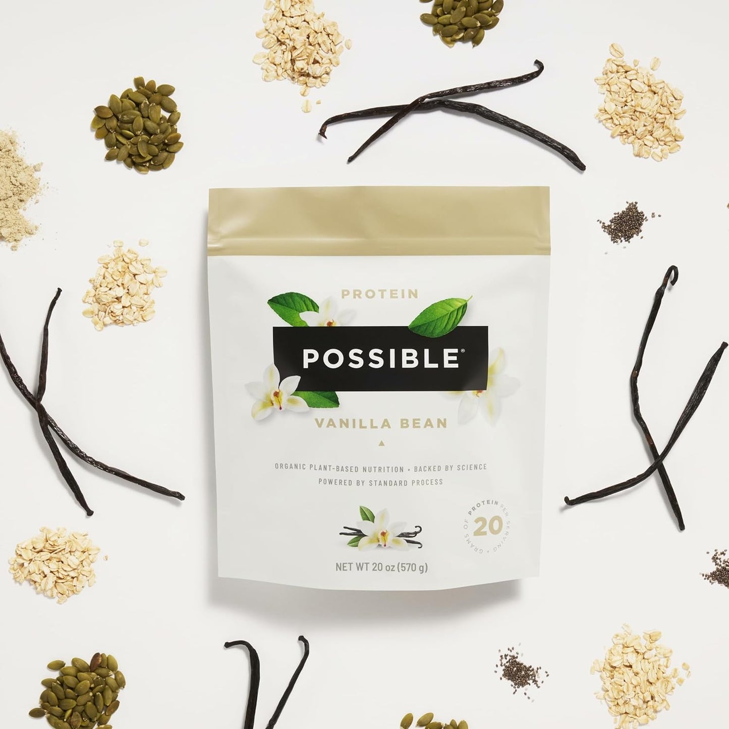 Possible Protein Powder Vanilla Bean - 20g of Vegan, Plant-Based Protein Mix - Non-GMO, Non-Dairy, Gluten-Free - 3.5g of BCAAs - 9 Essential Amino Acids - 30-Day Supply - 2 Bag, 30 Servings