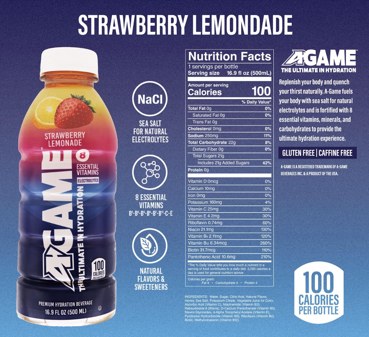 A-GAME Sports Drink, Strawberry Lemonade, The Ultimate Hydration Sports Beverage for Athletes, 8 Essential Vitamins including B, C, & E plus Natural Sea Salt Electrolytes, All Natural Flavors & Sweeteners, Gluten Free, 16.9 Fl Oz (Pack of 12)
